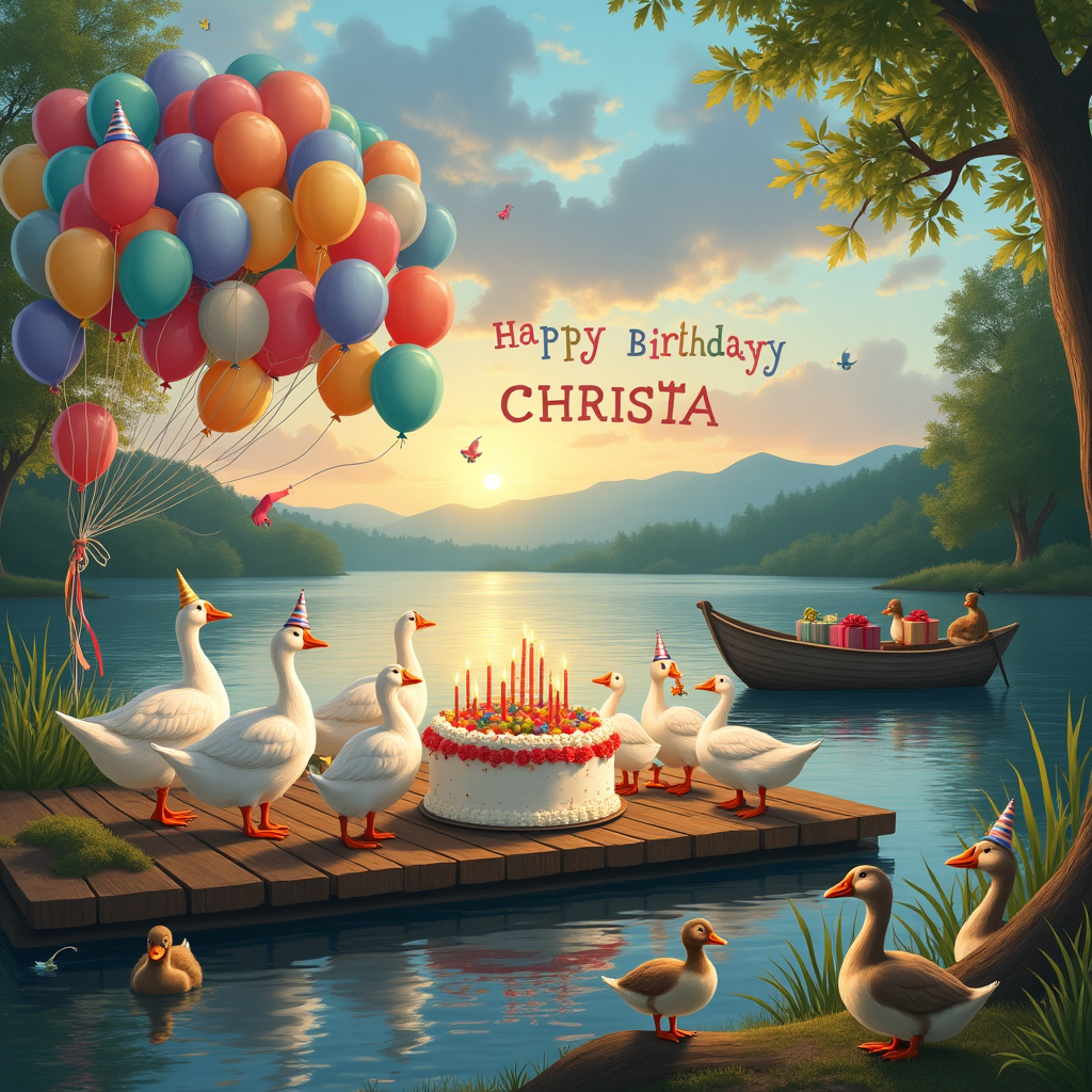 In the whimsical world of birthday celebration, a charming lakeside scene unfolds where geese and ducks are the life of the party. At the forefront of this lively tableau, a large, rustic wooden dock stretches out over the serene, shimmering lake, reminiscent of a Rockwellian gathering. The dock is bustling with activity as a gaggle of geese, donning tiny colorful party hats, honk merrily. They are busy organizing an array of birthday balloons, each tied with delicate ribbons, which float upward in a cascade of colors. Nearby, a group of ducks in elegant bow ties enthusiastically attempt to light candles on an oversized birthday cake, artistically iced with a vibrant depiction of a pond scene, complete with cattails and lily pads.

Above the festivities, the sky is a canvas of fluffy clouds, one of which has been whimsically sculpted by nature (or perhaps by the clever geese) to spell out "Happy Birthday, Christa" in playful, fluffy letters. The cloud lettering drifts gently above the scene, as if written by the wind itself. A trio of adventurous ducks, in the spirit of Beatrix Potter's storytelling, are seen perching on a nearby log, their feathers ruffled in the wind as they try to catch a string of bunting made from floating leaves, each leaf meticulously painted with a letter to spell "Christa."

In the background, the gentle curves of distant hills are painted in the soft pastels of a Parrish-like landscape, adding depth and a touch of whimsy. Trees adorned with fairy lights, strung by industrious geese, cast a warm glow that reflects off the water, creating dancing patterns that shimmer like jewels. To the side, an old wooden rowboat, reminiscent of Rackham's detailed engravings, is tied to the dock, bobbing gently with a load of festive party supplies and gifts wrapped in nature-inspired paper.

The entire scene is set against a backdrop of twilight hues, where the artistry of the natural world meets the joyous spirit of a birthday celebration, with "Christa" proudly celebrated among her feathered friends in a heartwarming, comedic gathering worthy of a tale from a magical storybook.
Generated with these themes: Geese, and Ducks.
Made with ❤️ by AI.