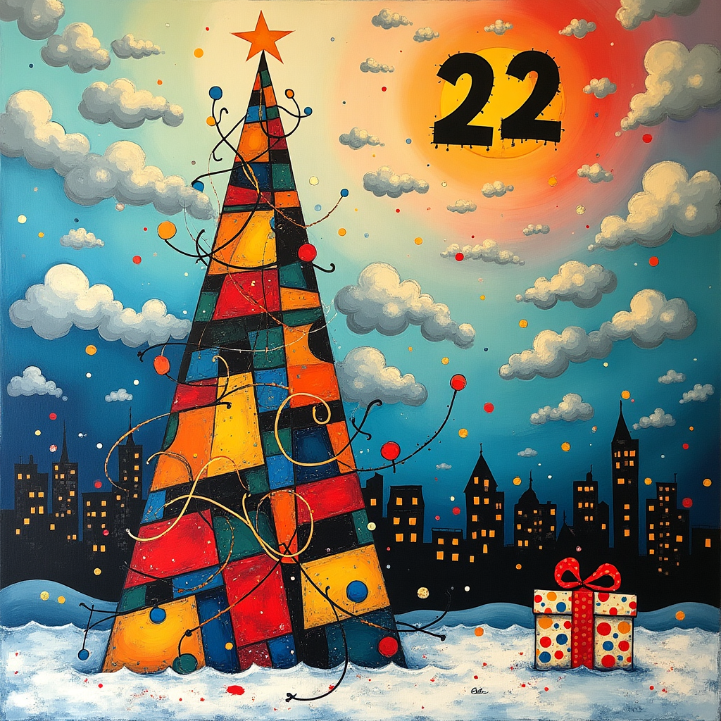 Imagine a whimsical, abstract Christmas wonderland where geometric shapes and vibrant colors dance across the canvas. At the center of this festive chaos is a towering, surreal Christmas tree made entirely of intersecting rectangles and triangles in Mondrian-esque primary colors, interspersed with Kandinsky-inspired swirling circles that serve as ornaments. A playful, tangled web of Pollock-style drips and splatters forms a snow-laden ground beneath the tree, creating a lively texture that seems to sparkle and move.

In the sky above, fluffy, cloud-like forms in Rothko's signature soft color gradients hover, their edges outlined with de Kooning’s energetic brushstrokes. A series of whimsical, floating, Twombly-inspired loops and scribbles trace the path of an imaginary sleigh ride, giving the sky a sense of motion and magic. Among these floating elements, the clouds spell out "22" in Miró-style abstract letters, crafted from loops and stars that appear to dance playfully in the air.

In the background, a series of Malevich’s simple, elegant shapes form a minimalistic cityscape, its buildings topped with Richter-like smudges of color suggesting distant holiday lights. Near the base of the tree, a grid of Agnes Martin-style lines forms an abstract representation of a gift wrap pattern, complete with a stylized bow made of sharp, angular forms that echo the tree's geometric design. 

This eclectic blend of elements, with "22" whimsically woven into the sky, comes together to create a dynamic and festive scene, inviting the recipient into a world where art and holiday joy collide in vibrant harmony.
Generated with these themes: 22.
Made with ❤️ by AI.
