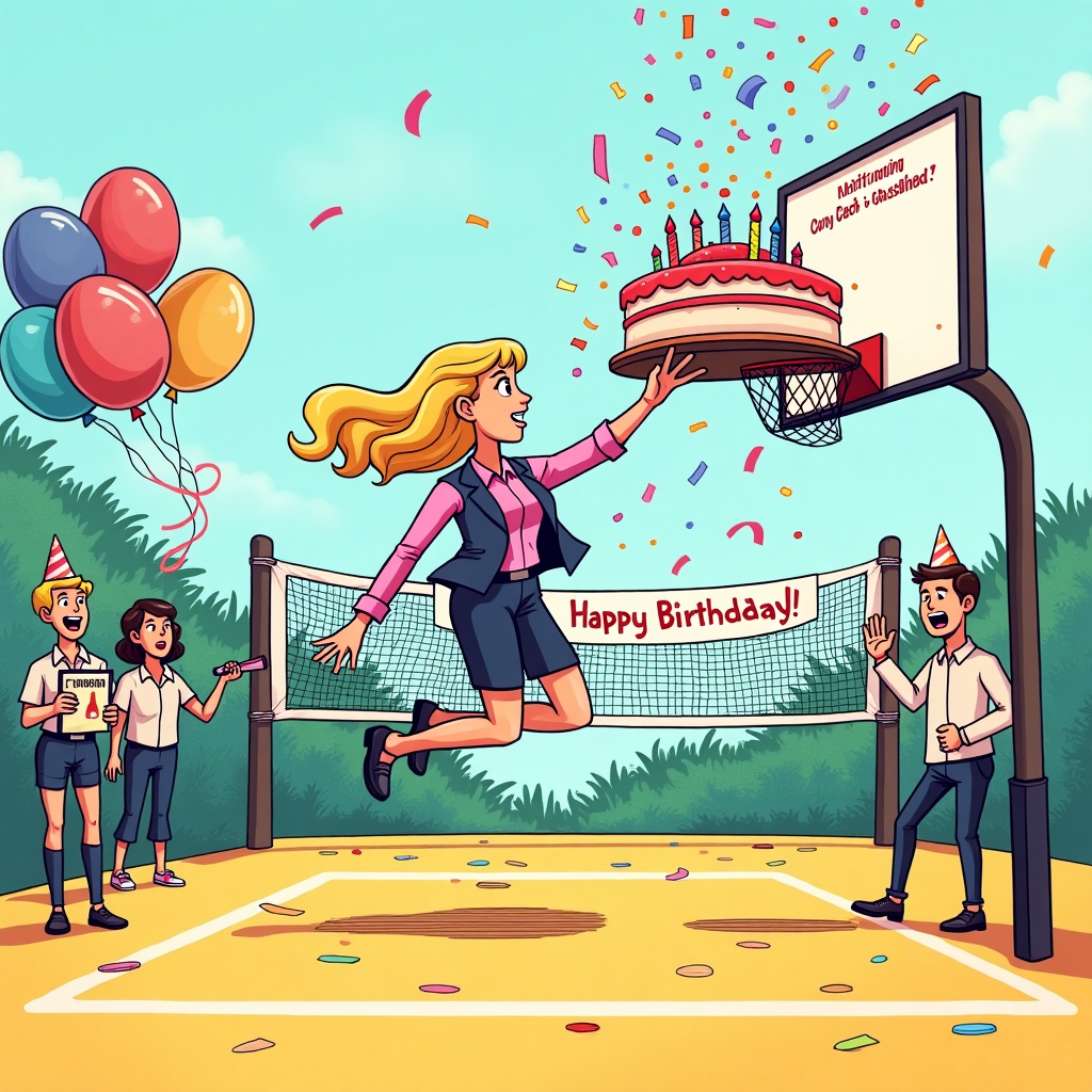 **Image Prompt:**

At the top of the illustration image: **"Netball Queen Sally Scores Another Birthday Goal!"**

A fun and vibrant cartoon-style illustration shows Sally, a cheerful blonde woman in office attire, leaping dramatically mid-air on a netball court, launching a massive birthday cake into a netball hoop instead of a ball. Her shocked office colleagues (wearing party hats) are on the sidelines with confetti cannons, cheering and ducking flying frosting. One co-worker holds a clipboard with “Team Meeting or Cake Slam?” scribbled on it. The scoreboard reads: “Sally: Infinity, Age: Classified.” The background includes balloons shaped like netballs and a giant “Happy Birthday” banner tangled in the net.
Generated with these themes: Loves playing netball, Sally is our colleague, its her birthday today, sally is blonde, make it funny.
Made with ❤️ by AI.