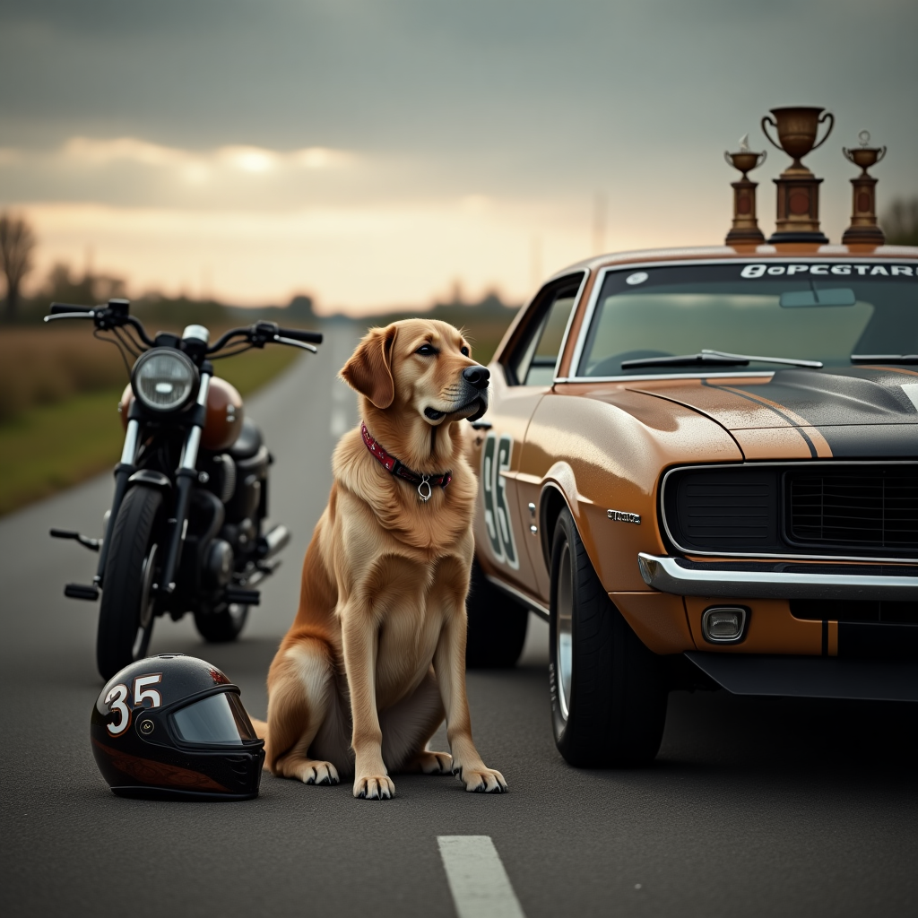 **Prompt:**

At the top of the realistic photograph image, *“Still not faster than 35, Carl!”*

A solemn, late-afternoon scene captured in rich, natural light: a quiet countryside road stretches into the distance beneath a moody, overcast sky. Parked off to the side, a vintage black motorcycle leans gently next to an old-school muscle car with racing stripes faded by time. Sitting solemnly between the two vehicles, a loyal, aging golden retriever gazes wistfully into the horizon, its grey muzzle hinting at shared years of wild rides and memories. A slightly tattered leather racing helmet rests beside the dog, with the number “35” subtly etched into the side. In the background, the blurred outlines of trophies gather dust on the hood of the car — quiet reminders of glory days. The entire scene evokes nostalgia, age, and deep-rooted family bonds, perfectly echoing the message for Carl, your cousin, on this milestone birthday.
Generated with these themes: Dog, Motorcycle, Cars, Racing, 35, and Cousin.
Made with ❤️ by AI.