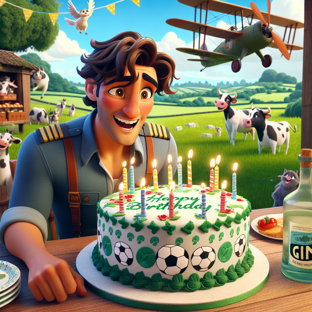 A jovial birthday celebration unfolds within a cartoon-like environment. The scene stars a Hispanic male pilot with tousled brown hair, exuding a spirit of adventure. The setting is a quaint farm where curious cows and frisky cats partake in playful antics amongst verdant green fields. The pilot rejoices by a birthday cake festively decorated with patterns of soccer balls and novel gin-themed items, adding a distinct touch to this rustic fête.
Generated with these themes: Pilot, Brown hair, Cows, Cats, Farm, Soccer, and Gin.
Made with ❤️ by AI.
