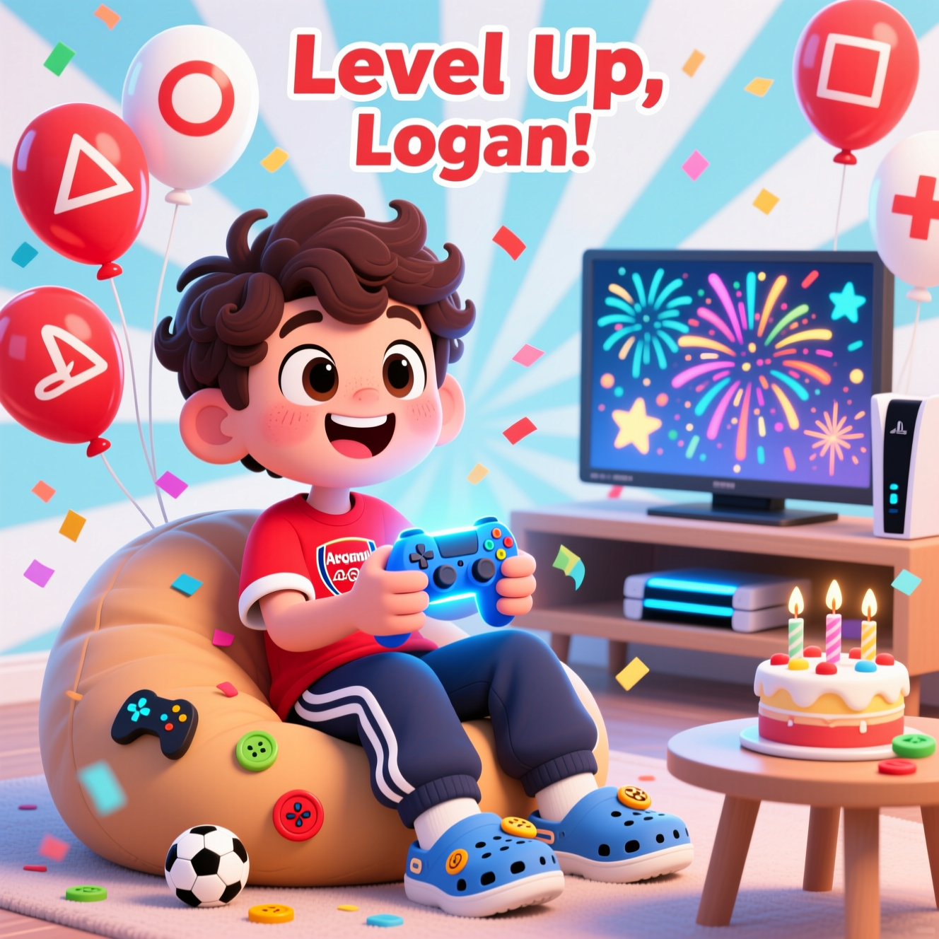 At the top of the Cartoon Style image, Level Up, Logan!

A cute, playful cartoon scene in bright, saturated colors: a teenage boy with dark brown hair, short on the sides and curly on top, with a big expressive grin, rosy cheeks, and oversized, sparkly eyes. He’s wearing a bright red Arsenal T‑shirt (white sleeves) with navy tracksuit bottoms and comfy Crocs decorated with tiny soccer-ball and controller-button charms. Exaggerated proportions (bigger head, smaller body), chunky thick outlines, and bouncy, energetic posing.

He’s plopped on a chunky beanbag, clutching a glowing blue PlayStation controller mid-celebration, as confetti swirls and red-and-white balloons bob around him—some balloons shaped like the PlayStation triangle, circle, cross, and square. A sleek PlayStation console with a subtle blue light sits on a low shelf; a stylized TV behind him bursts with colorful fireworks and starbursts (no extra text). Add a small, cute birthday cake on a side table with candles shaped like controller buttons. Keep the background clean and bright with a playful radial burst, soft drop-shadows, and a super-cute, high-energy vibe focused on the boy and his gamer-party moment.
Generated with these themes: Teenage boy with dark brown hair that’s short on the sides and curly on top, arsenal t shirt, tracksuit, crocs, PlayStation , and .
Made with ❤️ by AI.