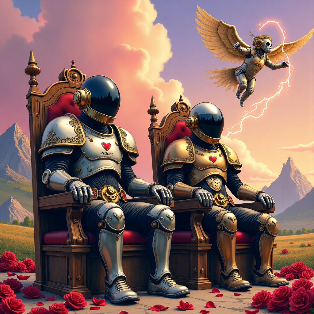 Title: "Daft Love, Eternal War"

**Scene Description:**

**Foreground:**

1. **Daft Punk Helmets**: Two figures in the foreground are wearing Daft Punk helmets, styled in the typical silver and gold. They’re perched on a pair of high-backed, gothic-style thrones reminiscent of Warhammer 40k, adorned with intricate filigree patterns and skull motifs. The helmets reflect ambient colors and cast an iridescent glow.

2. **Armor Details**: Both figures are wearing exaggerated, hand-drawn power armor typical of Warhammer 40k but with a whimsical twist. The armor is detailed with gears, cogs, and heart-shaped insignias. The shoulder pads are particularly large, each bearing the text "Aidan" in ornate script, with banners flowing from the edges.

**Background:**

1. **Battlefield Scene**: The background is a whimsical yet detailed depiction of a typical Warhammer 40k battlefield. Jagged mountains rise in the distance, their peaks shrouded in swirling clouds. The ground is littered with rose petals and confetti, merging the themes of war and romance.

2. **Sky Details**: The sky is a mixture of vibrant pink and purple hues, akin to a Maxfield Parrish painting, with stylized heart-shaped clouds floating gracefully above. A giant mechanical cherub, with wings made of gears and steam valves, hovers in the air, holding an arrow made of lightning.

**Color Palette:**

- **Armor**: Metallic tones of silver and gold with highlights in red and deep black.
- **Sky and Clouds**: Shades of pink, purple, and gold.
- **Background Elements**: Earthy tones for the mountains and battlefield, with splashes of red and pink for the petals and confetti.

**Art Style Influences**:

- **Line Work**: Intricate, detailed lines in the style of Aubrey Beardsley, with a playful yet dark edge.
- **Color Use**: Lush, vibrant colors in the manner of N.C. Wyeth, with an ethereal quality reminiscent of Maxfield Parrish.
- **Composition**: Dynamic and expressive, inspired by the storytelling ability of Norman Rockwell, ensuring that every element in the scene contributes to the central theme.

This visual scene should be both humorous and enchanting, with a fusion of futuristic and fantastical elements to captivate the viewer's imagination.
Generated with these themes: Daft punk, and Warhammer 40k .
Made with ❤️ by AI.