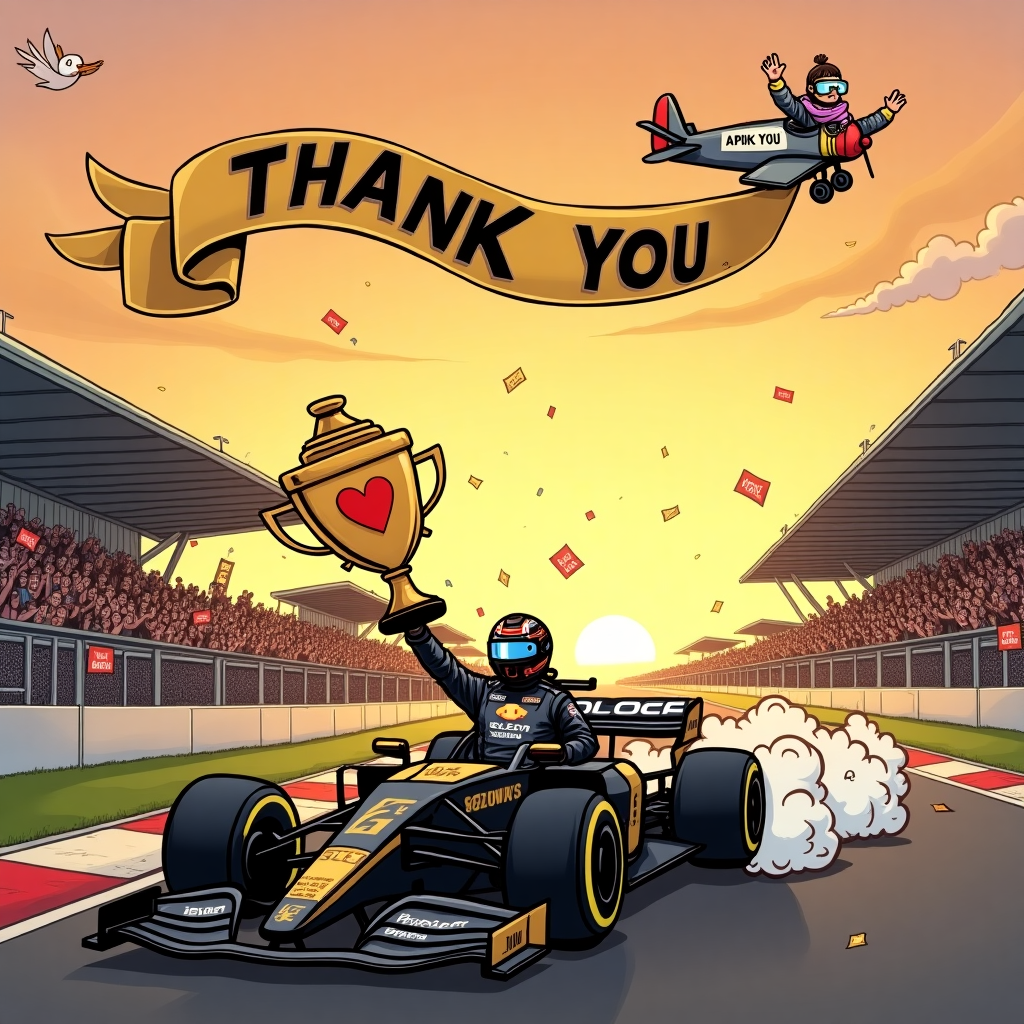 The black and gold F1 car from the APXGP team wins the F1 Grand Prix at sunset in front of a cheering crowd.  a small plane pulling a banner that says THANK YOU is flying in the sky above Thank-you Card