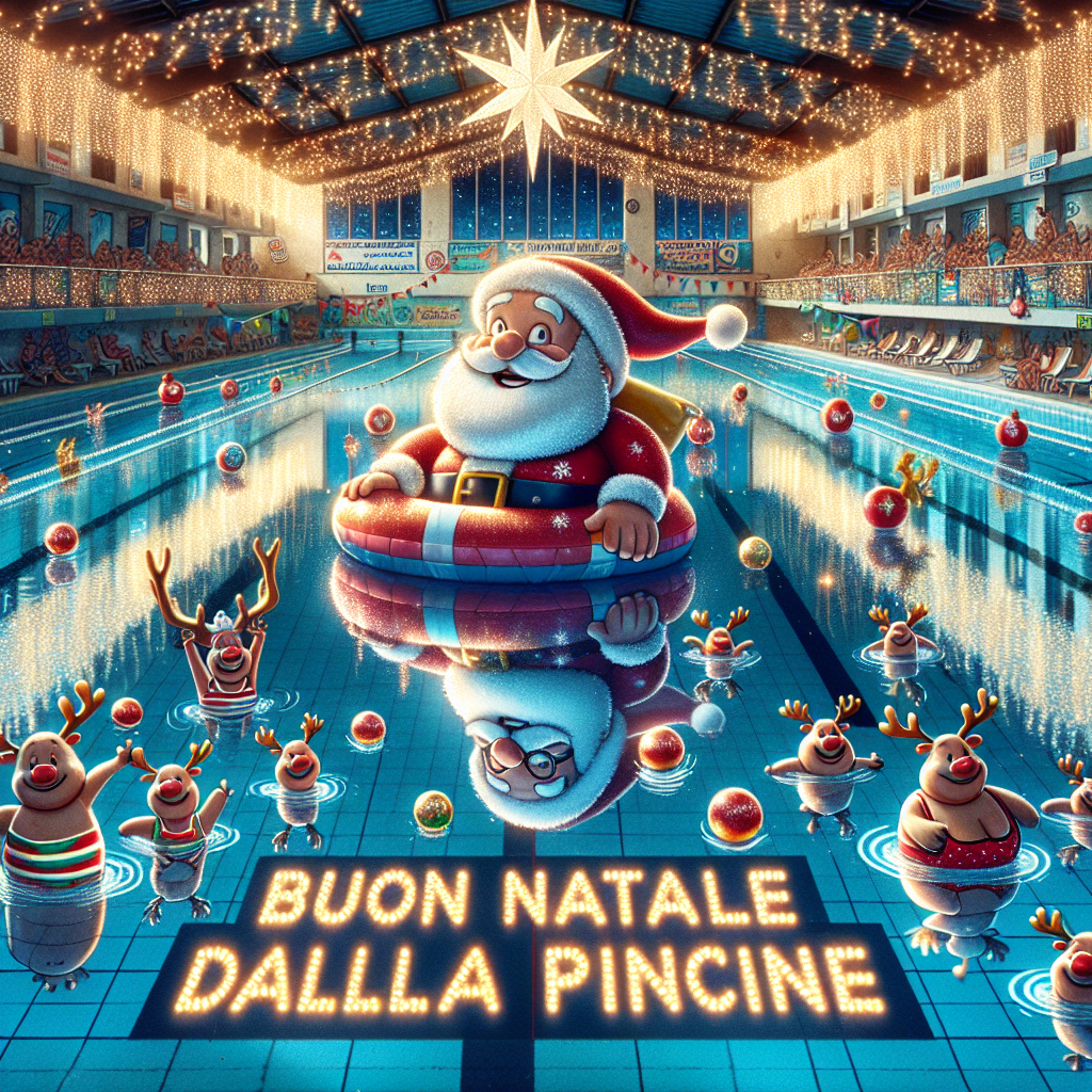 In this heartwarming scene, the Albatros Sporting Club's pool is decorated with twinkling Christmas lights reflecting off the water. Adorable cartoon characters in festive swimwear hold a banner saying 'Buon Natale della piscina Albatros Sporting Club.' A merry Santa Claus lounges on an inflatable chair in the water, surrounded by floating snowflakes. The joyful message also sparkles above in a banner carried by a reindeer flight team.
Generated with these themes: Buon Natale della piscina Albatros Sporting Club.
Made with ❤️ by AI.