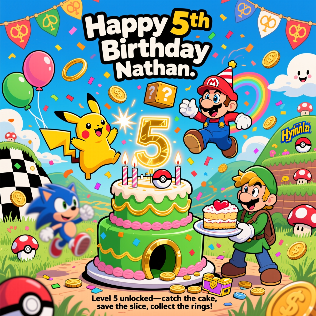 At the top of the Cartoon Style image, place the text "Happy 5th Birthday Nathan".

A bright, funny, full-bleed cartoon mashup birthday scene bursting with energy: center stage is a two-tier cake shaped like a green warp pipe with a golden Triforce topper and ring-shaped candles forming a big 5. Pikachu is on tiptoes, cheeks sparking as it zaps the ring-candles alight, confetti popping from the sparks. Mario leaps up to bonk a floating ?-block; instead of a coin, a Poké Ball pops out and bursts into rainbow confetti, surprising him mid-jump. Sonic blurs in a playful loop around the cake, his golden rings spiraling to outline a glowing number 5 in the air, party hat askew, huge grin. Link, the green-clad hero, winks as he presents a heart-container-shaped plate with an enormous slice of cake; shiny rupees spill at his feet. The background is a whimsical blend: checkerboard hills and loop from a speedy zone on one side, Mushroom Kingdom rolling hills with happy clouds on the other, Hyrule-style banners with tiny Triforce patterns fluttering above, and patches of tall grass with Poké Balls peeking out. Balloons shaped like mushrooms, rupees, and rings float around, coins shimmer in the air. Exaggerated proportions, thick black outlines, saturated candy colors, bouncy expressions, dynamic motion lines, and a joyful party vibe. Make the title text big, bouncy, and candy-colored with coins, rings, rupees, and tiny Poké Balls orbiting it.

At the bottom, add a small hand-lettered caption: "Level 5 unlocked—catch the cake, save the slice, collect the rings!"
Generated with these themes: Zelda, Pokémon , Mario, Sonic, and .
Made with ❤️ by AI.