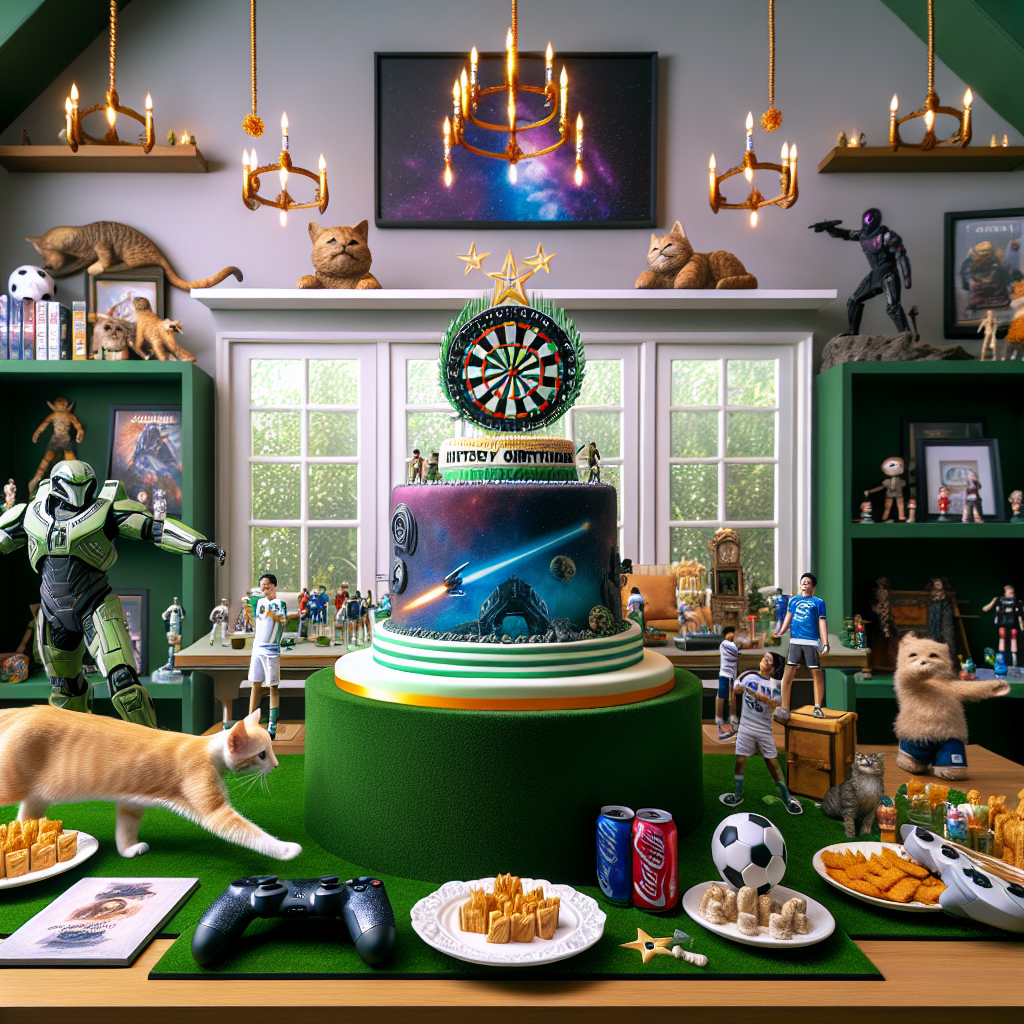 A vibrantly decorated room demonstrating a harmonious blend of realistic representation and festive jubilation, accented by various individual passions. On a conscientiously adorned table sits a cake inspired by a renowned intergalactic-themed movie series, encircled by miniature figures resembling characters from the famous series. A gaming console controller rests nearby, preparing the room for those who find joy in video games. Memorabilia from the world of soccer is smartly dispersed, enhancing the room's theme rather than dominating it. A tiered shelf boasts a green and white floral display, subtly hinting at the popular language learning platform. In this lively setting, felines frolic with toys resembling crunchy snack shapes, infusing vitality into the ambiance. The arrivals are welcomed with personalized zero sugar carbonated drinks, underlining the meticulously tailored essence of the bash.
Generated with these themes: star wars, coke zero, cats, xbox, crisps, football, duolingo.
Made with ❤️ by AI.