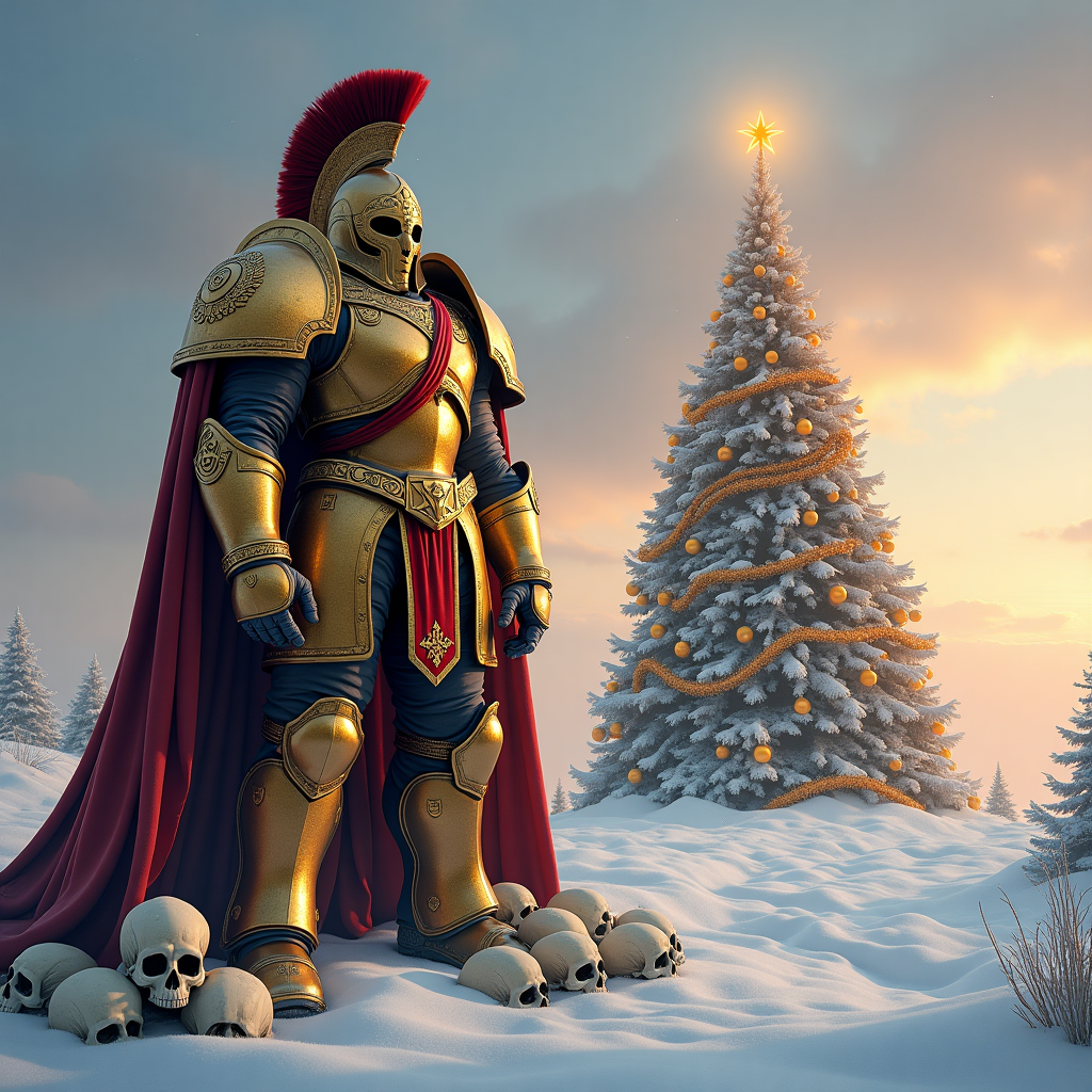 Adeptus Custodes Warhammer marine standing next to a pile of xeno skulls with a Christmas tree in the background Christmas Card