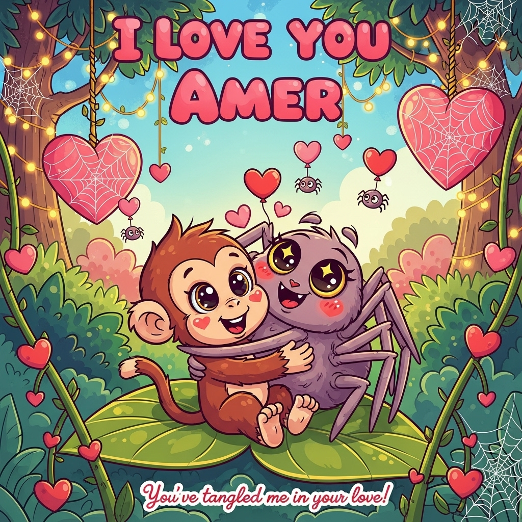 At the top of the Cartoon Style image, write in big, bubbly, romantic lettering: **I love you Amer**.  

A playful, romantic Valentine’s Day scene in vibrant cartoon style: a cute, wide-eyed monkey with a fluffy heart-shaped face, hugging a smiling, goofy cartoon spider with long, bendy legs wrapped around the monkey like a big warm embrace. The spider has big sparkling eyes and tiny heart-shaped blush marks on its cheeks. They are sitting together on a huge, heart-shaped jungle leaf, surrounded by dangling vines adorned with little red and pink hearts instead of leaves. In the background, whimsical jungle trees are draped with glowing fairy lights and cobwebs spun into heart shapes. Bright saturated colors — pinks, reds, golds, and lush greens — with thick outlines and exaggerated proportions. Floating around them are tiny cartoon spiders carrying miniature heart-shaped balloons. A small caption at the bottom in curly handwritten text: **"You’ve tangled me in your love!"**  
Generated with these themes: Romance, Love, Monkey, Spiders, Hugs, and .
Made with ❤️ by AI.