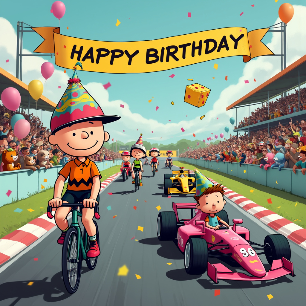 Alright, here’s the scene for your quirky and delightful birthday greeting card:

Picture a bustling racetrack that’s a humorous blend of a Tour de France and an F1 Grand Prix, surrounded by vibrant stands filled with cheering spectators. On the left side of the track, we have a series of comically exaggerated cyclists, decked out in their tight-fitting, neon-colored cycling gear, hunched over their bikes with determination. Leading the pack is a Charlie Brown-like character, but with a mischievous grin and a makeshift helmet adorned with birthday candles instead of a racing helmet. His bicycle has a giant birthday cake balanced on the handlebars, swaying precariously with each pedal stroke.

To the right side of the track, we see a series of F1 cars zooming by in a blur of bright, eye-catching colors and sponsorship logos. Imagine the cars with whimsical modifications – one car has a giant party hat on its roof, another has streamers trailing from its rear, and one even has a clown horn for a bumper. Among them, a Calvin and Hobbes-inspired character is driving a car painted like a tiger, eyes wide with excitement, a pair of giant fuzzy dice hanging from the rear-view mirror.

In the center of the track, a hilarious crossover moment: the cyclists and F1 drivers are merging lanes at a curve, leading to a moment of chaotic yet charmingly humorous interaction. One cyclist, channeling the hapless spirit of Tintin, is gripping the spoiler of an F1 car for dear life, being towed along at breakneck speed, his hair streaming back wildly. Another F1 driver, an Astro Boy lookalike, is leaning out of his car’s cockpit, reaching out with a party blower to celebrate with a nearby cyclist.

Above the track, a whimsical banner stretches across, proclaiming "Happy Birthday!" in big, bold, playful letters. Balloons and confetti are raining down from the sky, adding to the festive atmosphere. In the background, the stands are filled with an eclectic mix of spectators – animals in party hats, robots cheering, and even some aliens waving little flags – inspired by Gary Larson’s quirky and surreal touch.

In the far background, the pit lane is bustling with activity: pit crew members dressed as clowns, jugglers, and unicyclists racing around to change tires and refuel cars, adding an extra layer of humor and chaos.

This scene, packed with humorous and imaginative details, merges the thrill of F1 racing with the charm of bicycling, creating a vibrant and unforgettable birthday greeting.
Generated with these themes: Bicycling, and F1 driving.
Made with ❤️ by AI.