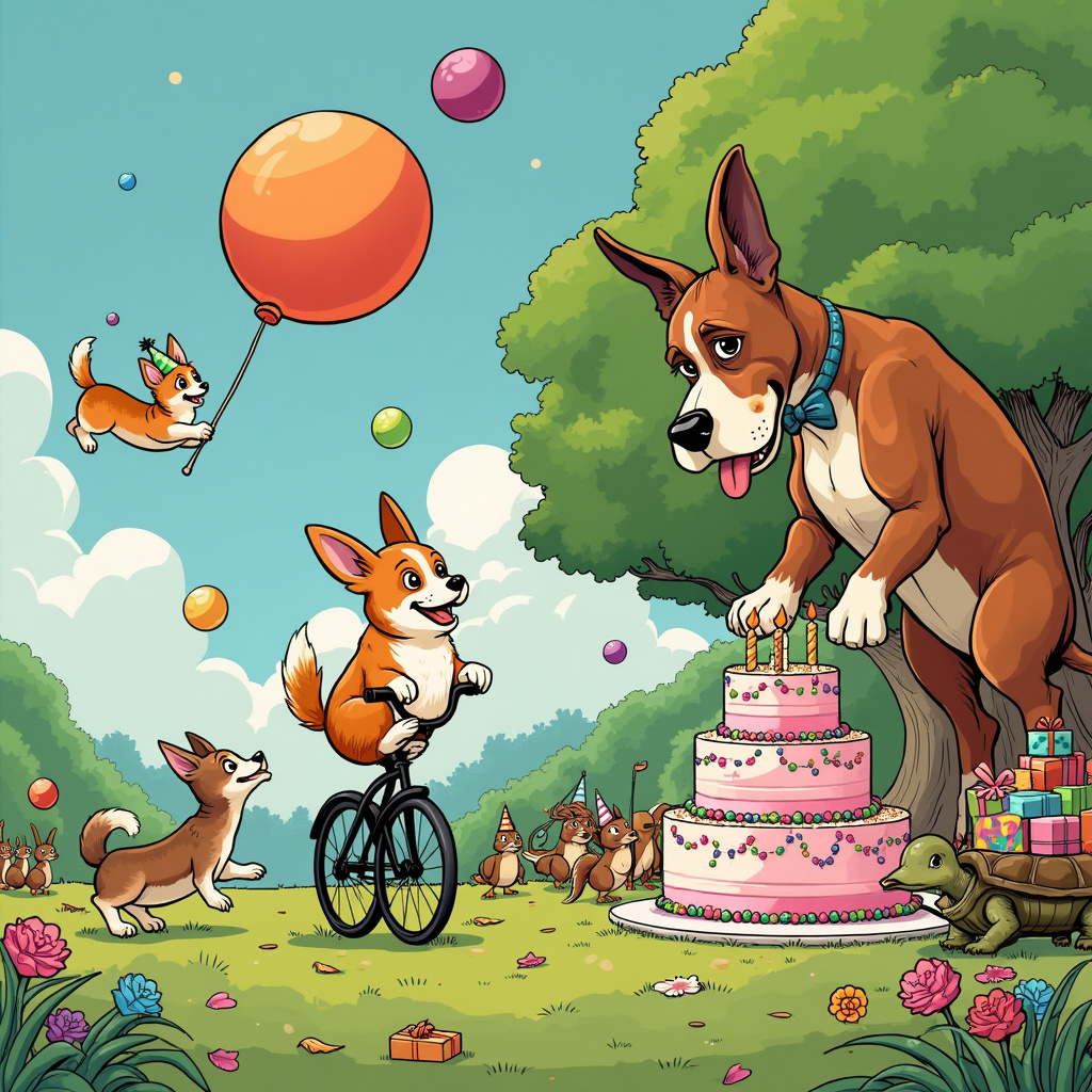 The scene is set in a whimsical, colorful park that merges a vintage, comic strip vibe with modern, playful elements. Imagine a sprawling grassy area dotted with cartoonish, oversized flowers and trees that have faces, reminiscent of the imaginative landscapes from Winsor McCay’s "Little Nemo in Slumberland."

In the foreground, we have a large corgi dog, a little dog, and a big dog engaged in a hilariously chaotic birthday celebration. The corgi, with its characteristic short legs and adorable rounded body, is balancing on a unicycle, juggling brightly colored balls that seem to hover comically above its head, an homage to the playful humor of Gary Larson's "The Far Side." The corgi wears a tiny birthday hat that’s slightly askew, and its tongue is flopped out in sheer joy.

To the left of the corgi, the little dog, a scrappy and energetic terrier, is leaping high into the air, attempting to catch a gigantic, bouncy balloon that’s twice its size. The balloon is tied with an exaggeratedly large ribbon and features a smiling cartoon face, adding a touch of Bill Watterson’s "Calvin and Hobbes" whimsy.

On the right, the big dog, a towering Great Dane with a goofy expression, is attempting to light the candles on an enormous, three-tiered birthday cake. The cake is vibrantly decorated with sprinkles and icing swirls, reminiscent of a festive scene in a Disney cartoon. The Great Dane’s paw is comically oversized, and it holds a tiny matchstick with exaggerated care, illustrating a moment of clumsy delicacy.

In the background, you can see other park-goers: a family of ducks in a row wearing birthday hats, a group of squirrels playing a small band with makeshift instruments, and a turtle slowly pulling a wagon filled with presents wrapped in colorful paper, each with a big, exaggerated bow, a nod to the detailed narrative style of Hergé’s "Tintin."

Above the scene, a banner strung between two trees reads "Happy Birthday!" in playful, hand-drawn letters, with tiny stars and confetti drawn around it, capturing the celebratory essence in a comic strip-like format.

The overall composition is busy yet organized, with each element contributing to the story of an uproarious and delightful birthday celebration that merges the quirky creativity of R. Crumb’s underground comix with the heartwarming charm of Charles Schulz’s "Peanuts."
Generated with these themes: corgi dog, little dog and big dog.
Made with ❤️ by AI.
