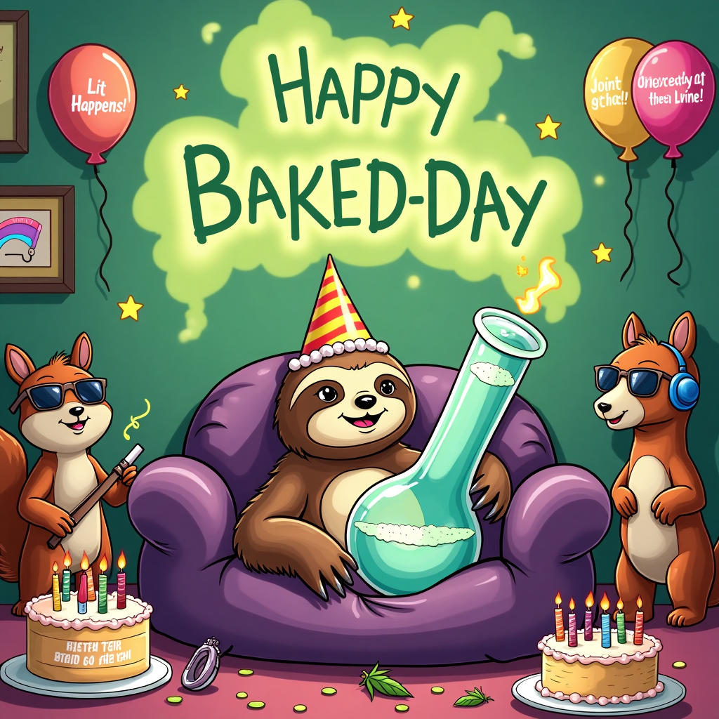 At the top of the illustration image: "Happy Baked-day, Cuz — You're Hiiighly Celebrated!"

**Prompt for illustration:**

A colourful, cartoon-style scene featuring a living room transformed into a full-blown birthday weed bash. In the centre, a goofy stoner sloth wearing a party hat lounges in a beanbag, giggling with droopy eyes, holding a massive glass bong shaped like a birthday cake, complete with frosting details and candles bubbling at the top. Surrounding the sloth, cartoon clouds of green smoke spell out “Happy Baked-day,” and various party animals (a squirrel with a blunt, a llama in tie-dye with sunglasses, and a chill cat wearing headphones) are vibing out to music. Balloons float around with cheeky messages like "Lit Happens" and "Joint Custody of the Cake." A cake in the corner reads “One Toke Over the Line!” and instead of candles, it’s topped with tiny mini-bongs sparking up. The overall palette is vibrant, with playful greens, purples, and bright yellows, capturing a light-hearted and silly weed-party atmosphere.
Generated with these themes: Weed bongs .
Made with ❤️ by AI.