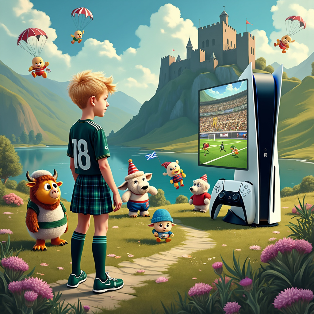 In the vibrant birthday scene, an 8-year-old blonde boy named Corey stands in the heart of a fantastical, Scottish highlands-inspired landscape. Corey is the star of this surreal tableau, standing proudly in a tartan football kit that combines traditional Scottish patterns with a modern twist. His uniform boasts a kilt-like design in shades of blue and green, paired with high football socks and sleek, futuristic football boots.

To his right, a colossal PlayStation 5 towers over him, with whimsical elements like tartan patterns and thistle flowers adorning its sleek white panels, paying homage to Scotland. The PS5 is connected to a large, floating screen displaying a vibrant, football-themed video game. The graphics on the screen depict a cartoonish match between Scottish highland cows and Nessie, the Loch Ness Monster, both animated with a playful, almost Disney-esque charm.

Corey clutches a controller in one hand, which has small Haribo gummy bears bouncing on it as if they're alive and cheering him on. Haribo gummy bears also form a path leading from the PS5 to a football pitch, which is set against a backdrop of rolling, heather-covered hills and a clear, sapphire-blue loch, mirroring the serene beauty of the Scottish countryside.

To the left of Corey, a group of quirky, anthropomorphic football players stand ready for a game. They include a cheerful highland cow in a kilt, a sheep with a woolly hat, and an eagle wearing a traditional Scottish bonnet, all rendered in a style reminiscent of Bill Watterson's Calvin and Hobbes, with expressive, exaggerated features. The animals are arranged in dynamic poses, as if mid-conversation or preparing for the game.

Overhead, a sky filled with playful, floating PlayStation icons and pixelated clouds references Corey's love for gaming. Interspersed among them, tiny Haribo gummy bears parachute down, clutching miniature Scottish flags, adding a layer of whimsical detail.

In the background, a classic Scottish castle, inspired by the works of Hergé's Tintin with its clean lines and meticulous detail, rises majestically. Its battlements are adorned with streaming birthday banners and balloons spelling out "Happy 8th Birthday, Corey!" in colorful, cartoonish fonts.

The entire scene is infused with a sense of joyful celebration, brought to life with vivid colors, playful characters, and intricate details that merge Corey's passions for football, gaming, and his Scottish heritage into a single, delightful composition.
Generated with these themes: 8 years old , Football , Scotland , Blonde boy , Gaming, PlayStation 5 , Corey , and Haribo.
Made with ❤️ by AI.