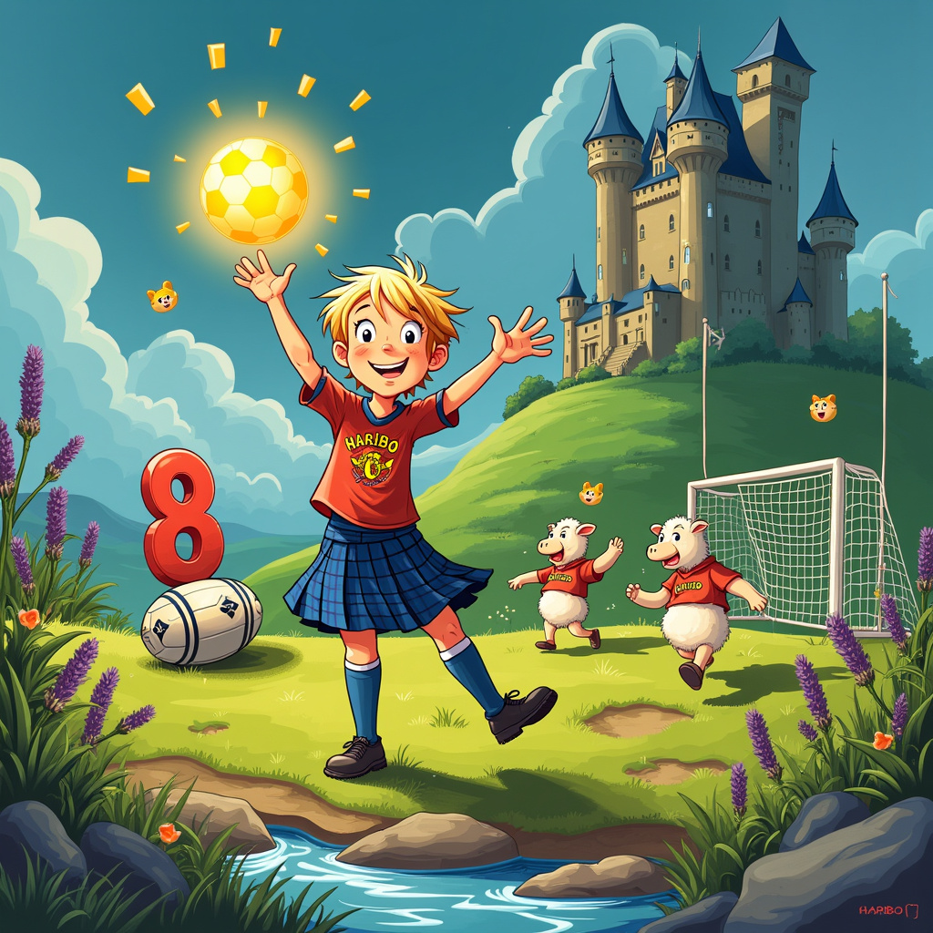 The front cover of this birthday greeting card bursts into a whimsical and surreal cartoon scene that captures the imagination of an eight-year-old boy named Corey. Center stage, we find Corey, a lively blonde boy with freckles, standing triumphantly on a patch of lush, rolling Scottish highlands, wearing a kilt adorned with a PlayStation 5 logo tartan. His expression beams with joy as he holds up a glowing, golden football that appears to defy gravity, floating slightly above his hands.

Behind Corey, towering thistles and whimsical purple heather flowers sway in the wind, with a majestic castle looming in the background, its turrets twisted in a fantastical manner, as if influenced by the whimsical lines of Charles Schulz and Bill Watterson. The sky above is a surreal swirl of deep blues and vibrant greens, evoking a dreamy quality reminiscent of Winsor McCay's works.

To the left of Corey, a PlayStation 5 console with cartoonish eyes and a smiling mouth sits on the ground, its arms outstretched, holding an oversized, colorful Haribo candy in each hand. The console’s cord snakes up and around, forming the number "8" in mid-air, a playful nod to Corey’s birthday.

On the right, a small, lively football match is underway, featuring tiny, animated Scottish Highland cows and sheep as players, each clad in jerseys with the Haribo logo. One particularly cheeky cow is caught mid-air, doing a bicycle kick towards the candy-shaped goalposts. The goalposts themselves are made of oversized gummy bears, their vibrant colors popping against the green backdrop.

Corey’s pet terrier, dressed in a miniature tartan scarf, chases a pixelated football that seems to have leapt out of a nearby gaming screen. The screen, perched on a rock, displays a game with vibrant, animated landscapes, a blend of football fields and Scottish scenery, rendered in the whimsical style of Osamu Tezuka.

In the foreground, a sparkling river of blue raspberry Haribo candies winds its way through the scene, and next to it, an open treasure chest overflows with more Haribo sweets, PlayStation games, and football gear. A small, mischievous squirrel wearing a tiny football helmet perches on the chest, nibbling on a candy.

Every element, from the floating golden football to the PlayStation 5 console, the Haribo-infused scenery, and the fantastical animals, tells a story of Corey’s loves and passions, all interwoven in a vibrant and surreal tapestry that would delight any young birthday boy.
Generated with these themes: 8 years old , Football , Scotland , Blonde boy , Gaming, PlayStation 5 , Corey , and Haribo.
Made with ❤️ by AI.