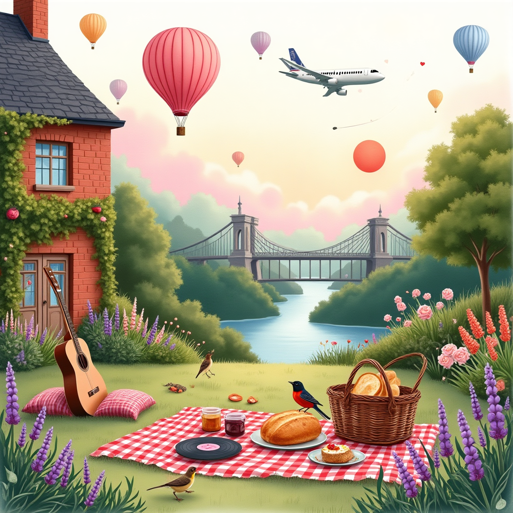 At the top of the Watercolor Style image, Happy Anniversary

A romantic, full-bleed watercolor scene with soft wet-on-wet washes, delicate gradients, subtle pigment blooms, and natural cotton paper texture. Foreground: a lush cottage garden bursting with plants—lavender, foxgloves, roses, and potted herbs—surrounding a cozy garden picnic. On a gingham blanket: a crusty, golden loaf of freshly baked bread, a small jar of jam, and a Japanese bento spread (onigiri, sushi rolls, tempura, little soy dish, chopsticks), two steaming cups of tea. An acoustic guitar leans against a wicker picnic basket; a tiny portable amp and a few vinyl records suggest trendy rock music (no logos). Two meditation cushions sit side by side with a faint incense curl. A friendly robin perches on a trowel handle, and a shy hedgehog snuffles near the strawberries.

Midground: “our” warm red-brick house with ivy and blooming window boxes, its back doors open to the garden, fairy lights softly twinkling. A winding garden path leads the eye outward.

Background: the Clifton Suspension Bridge arches gracefully over a misty gorge. Above, a dreamy sky in blush-pink to periwinkle-blue gradients is dotted with colorful hot-air balloons (Bristol balloon fiesta vibe, no text or logos). A white airplane arcs toward a small crimson sun on the horizon, its contrail sketching a soft heart shape hinting at a journey to Japan.

Lighting/Mood: golden-hour glow, airy and romantic; edges soften into the paper’s texture; colors are warm terracotta, sage, blush, sky blue, and vermilion accents.

Small, playful hand-lettered caption near the bottom: Love on the rise—balloons, bread, and Tokyo skies.
Generated with these themes: Plants, garden picnic, our red brick house, Bristol balloon fiesta, clifton suspension bridge, trendy rock music, acoustic guitar, baking bread, Japanese food, a plane going to Japan, Robin in the garden, a hedgehog in the garden, meditation, and .
Made with ❤️ by AI.