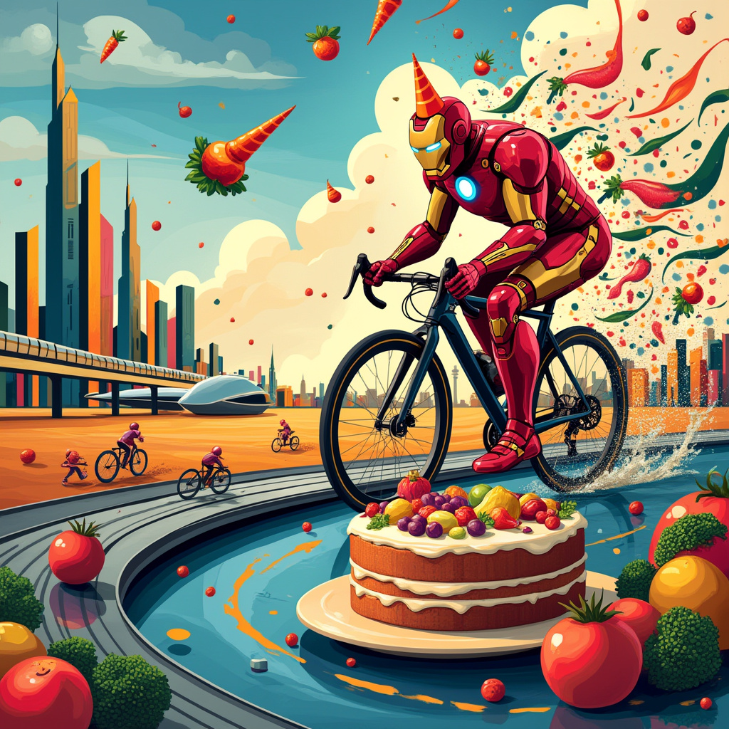 In this vibrant and whimsical birthday greeting card design, we begin with an abstract cityscape of Abu Dhabi. The skyline is reimagined in the style of Mondrian, with geometric shapes forming the iconic skyscrapers, such as the Etihad Towers, in bold blocks of primary colors intersected by thick black lines. Above, the sky swirls with Pollock-inspired splatters in deep blues and fiery oranges, reminiscent of a desert sunset. Amongst these splashes, the word "Jordan" emerges playfully, as if being blown by the warm desert breeze, composed of fluffy white clouds tinged with hints of pink and gold.

On the ground, an energetic Iron Man races across the scene, crafted in the fragmented style of de Kooning, his metallic red and gold armor shimmering in Cubist-like fragments. He is involved in a triathlon, the three disciplines captured in a fluid motion sequence: cycling on a bike whose wheels are painted in a Rothko-like gradient of deep maroons and bright yellows, running on a track that spirals around the base of a futuristic dome akin to the Louvre Abu Dhabi, and finally swimming through a mirage of abstracted waves that resemble the flowing lines of Kandinsky.

To integrate nudge theory and food sustainability, small whimsical illustrations are tucked throughout the scene. Little vegetables wearing party hats—a carrot, a broccoli, and a tomato—hover in mid-air near Iron Man, inspired by Miro's surreal characters, symbolizing sustainable food choices. Beside them, a series of interconnected arrows and nudges point towards a stylized food market stall, where fruits and veggies are arranged in a Martin-inspired grid, enticing Iron Man and the viewer to make sustainable choices.

In the background, a futuristic monorail made from swirling metallic lines—evocative of Twombly’s looping, frenetic energy—carries mini Iron Men figures with tiny food baskets, demonstrating the efficient distribution of food resources. At the card's base, a cake shaped like the Yas Marina Circuit is centered, its layers painted in the serene, muted tones of Richter, adorned with edible race cars made of fondant, all surrounding a candle blazing brightly with "Happy Birthday Jordan!" scripted in elegant icing. This is not just a card; it's an entire birthday world that tells a story of heroism, cityscapes, and a sustainable future, all celebrating Jordan's special day.
Generated with these themes: Abu Dhabi , Iron man running cycling , Nudge theory, and Food sustainability.
Made with ❤️ by AI.