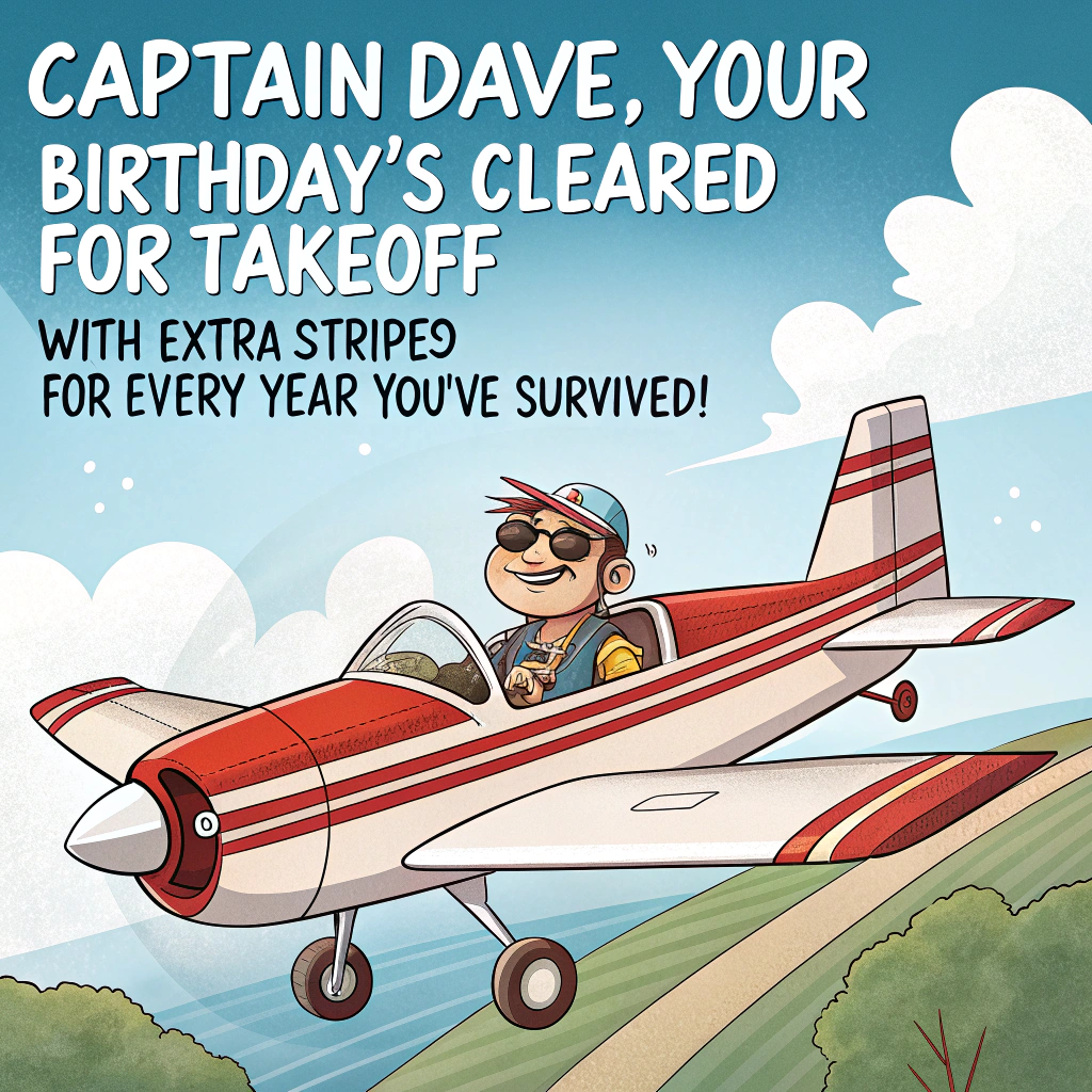 At the top of the image, "Captain Dave, your birthday’s cleared for takeoff—with extra stripes for every year you've survived!"

– Illustrate a cartoon-style Cessna plane soaring comically through a clear blue sky.  
– The plane is decorated with bold red racing stripes along its sides and wings.  
– In the cockpit, a cheeky cartoon version of Dave wears oversized aviator sunglasses and a pilot's cap that says "Birthday Captain."  
– Beside him sits Hayley, clutching a party hat and a slice of cake, looking nervously excited as streamers flap wildly out the open window.  
– Tiny birds in the sky hold up a banner that reads “Party Altitude Achieved!”  
– A confused air traffic controller watches the chaos from the tower below with a coffee mug labeled “Not Again…”
Generated with these themes: Cessna plane, Red stripes, Dave, Hayley, and Captain.
Made with ❤️ by AI.