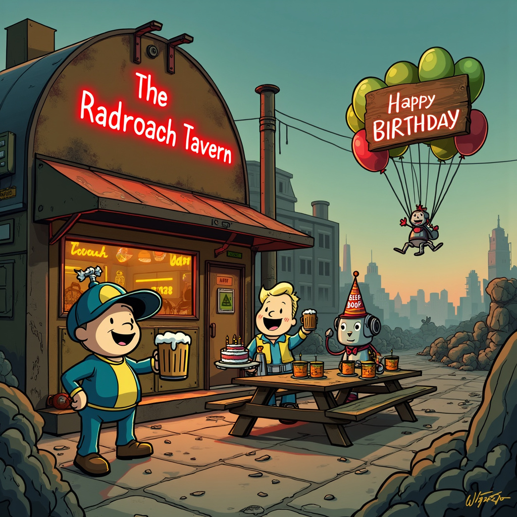 Picture a quirky post-apocalyptic landscape inspired by "Fallout," with a whimsical twist that blends humor and celebration. In the foreground, there’s a crumbling, retro-futuristic bar called "The Radroach Tavern" constructed from rusted metal and neon lights flickering “Happy Birthday.” Outside the bar, a group of cheerful cartoon characters, styled in a mix of Charles Schulz’s endearing simplicity and Bill Watterson’s playful expressiveness, are gathered around a makeshift picnic table.

One character, a jovial, barrel-shaped Vault Dweller, stands on the table holding a frothy mug of Nuka Beer, clearly mid-toast. His Pip-Boy is festooned with colorful birthday streamers. Next to him, a robot modeled after Walt Disney’s whimsical, yet detailed creations, is holding a tray with more frothy mugs of Nuka Beer, and wearing a party hat that reads “BEEP BOOP BIRTHDAY.”

Scattered around the table are various fallout-themed items creatively repurposed for the celebration: a decommissioned mini-nuke transformed into a birthday cake with candles, tin-can hats, and a plush Radroach toy with a bowtie and party hat. In the background, a vast, but whimsically drawn wasteland extends with ruined buildings and mutated, yet friendly-looking creatures, reminiscent of Gary Larson’s humorous animals, curiously peeking from behind the debris.

Hovering over this lively gathering is a floating banner held aloft by helium-filled balloons shaped like iconic Fallout bobbleheads, with "Happy Birthday" inscribed in bold, cheerful letters. Beneath this, a poetic, rhyming verse is scrawled on a wooden sign:

“In this wasteland’s cheer and mirth, We celebrate your day of birth! Nuka Beers and Radroach stew, Happy Birthday, just for you!”

Each detail combines elements of the noted artists: Schulz's simplicity, Disney’s charm, Tezuka’s dynamic design, Watterson’s whimsy, Larson’s humor, and a touch of Eisner’s narrative depth. The scene is both a playful nod to the Fallout universe and a heartwarming birthday celebration, wrapped in a quirky, post-apocalyptic bow.
Generated with these themes: Fallout , Beer, Happy birthday , and Poetry .
Made with ❤️ by AI.