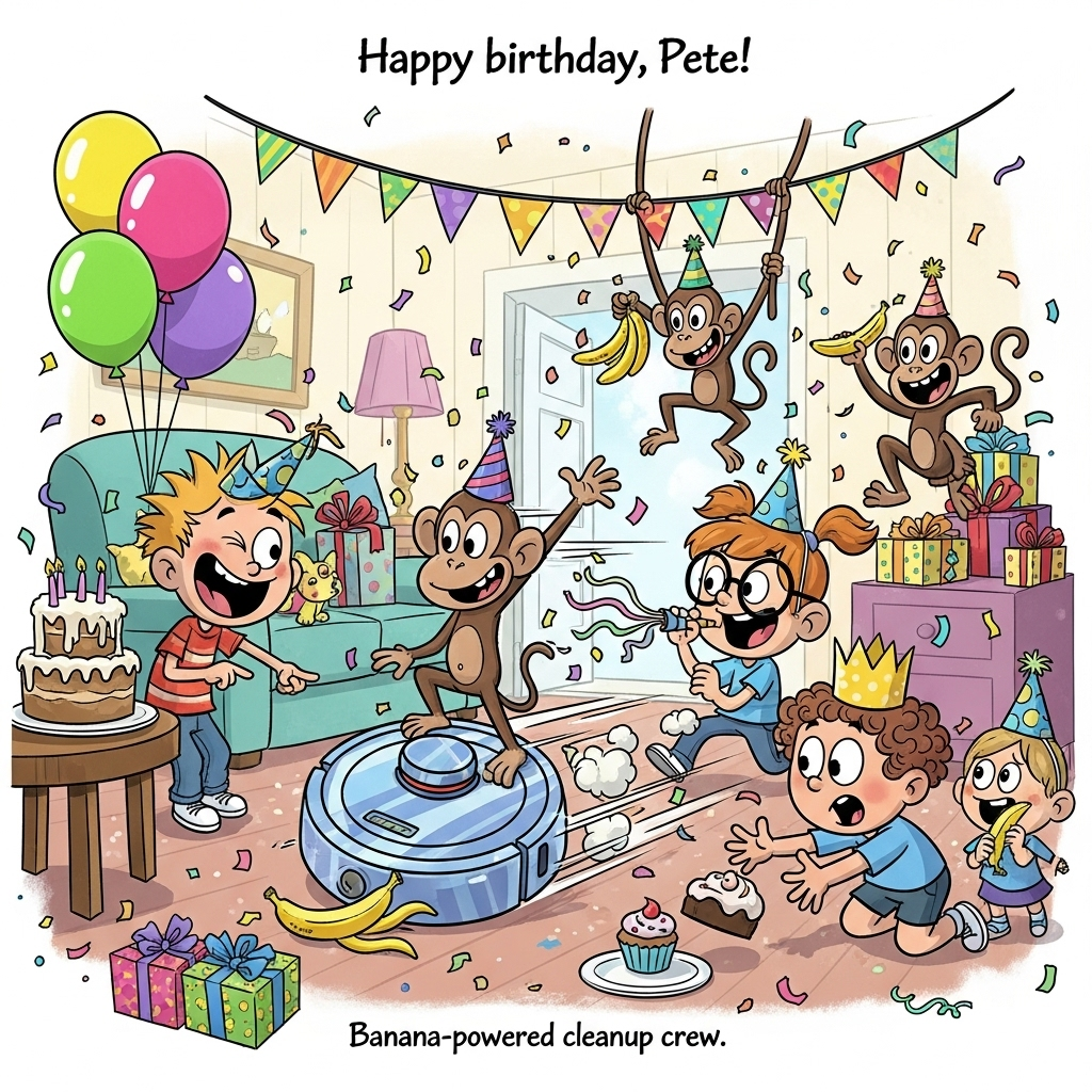 At the top of the Cartoon Style image, "Happy birthday, Pete!"

Playful, funny cartoon scene with exaggerated proportions, thick black outlines, and bright saturated colors. A lively birthday party living room bursting with balloons, streamers, and confetti. Center stage: a shiny round robot vacuum zooms across the floor with energetic swoosh lines, a banana peel stuck to its bumper. Three mischievous monkeys in tiny party hats cause chaos—one rides the robot vacuum like a surfboard with one paw up, another swings from the bunting overhead clutching a bunch of bananas, and a third pops out from behind gift boxes with a cheeky grin. Exactly four kids, all in whimsical, dynamic poses:
- Kid 1: freckled, spiky hair, doubled over laughing and pointing at the robot.
- Kid 2: glasses and pigtails, chasing the robot with a party blower trailing streamers.
- Kid 3: curly-haired, wearing a paper crown, kneeling to save a runaway cupcake just in time.
- Kid 4: small, holding a banana-shaped balloon, eyes wide with delighted surprise.
Cake safely on a side table; colorful wrapped presents, confetti in the air, and motion lines everywhere for high-energy comedy. Big expressive faces, chunky shapes, bold shadows, and a candy-bright palette (turquoise, lime, magenta, sunny yellow). Keep the vibe joyful, zany, and lighthearted.

Add a small hand-lettered caption near the bottom: "Banana-powered cleanup crew!"

No other text.
Generated with these themes: Robot vacuum, Monkeys , 4 kids, and .
Made with ❤️ by AI.