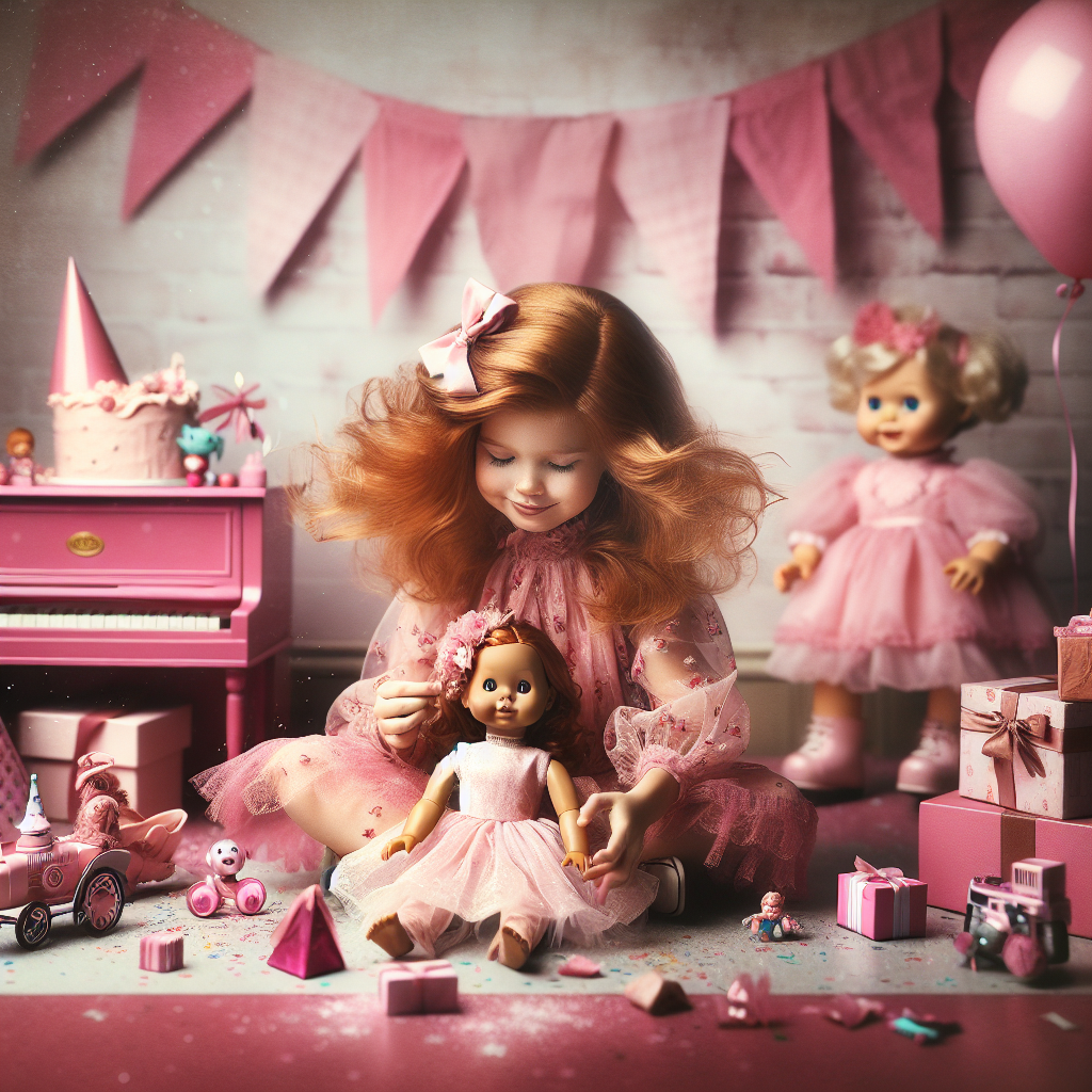 Bluey, A small very long,ginger haired girl playing dolls , Barbie, and Pink Birthday Card