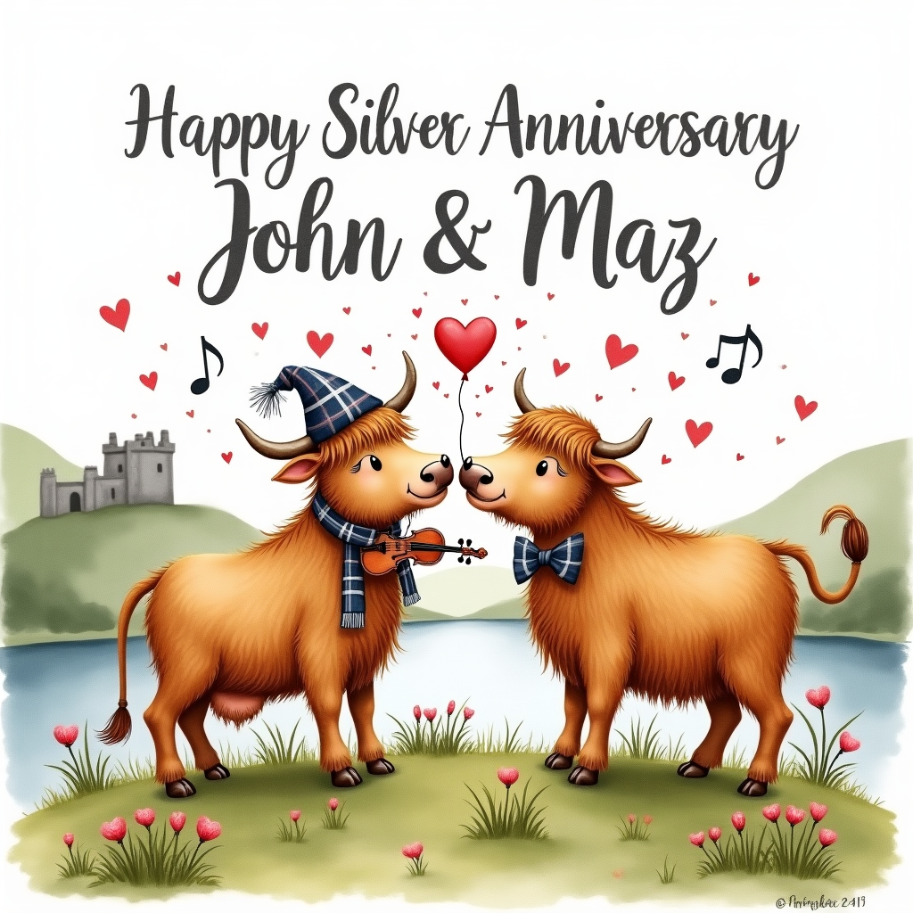 At the top of the Watercolor Style image, Happy Silver Anniversary John & Maz in playful hand-painted brush lettering with a soft silver-gray watercolor wash.

A funny, airy watercolor scene in the Scottish Highlands: two shaggy Highland cows standing nose-to-nose on a heather-dotted hill above a misty loch, their curving horns meeting to form a heart. One cow wears a tartan tam o’ shanter and squeezes a dinky set of bagpipes with puffed cheeks; the other sports a tartan bow tie and saws a fiddle with gleeful concentration. Whimsical musical notes and treble clefs swirl between them, drifting into heart shapes that shimmer with subtle silver-gray highlights. In the distance, a soft silhouette of a stone castle and rolling green hills under a pale, gradated sky. Use soft watercolor washes, delicate gradients, subtle pigment blooms, loose edges, and natural cold-pressed paper texture; warm russet fur, thistle purples, mossy greens, misty blues, and cool silvery accents. Keep expressions cheeky and affectionate, with gentle splatters and breathing negative space around the top text.

Small cheeky caption near the bottom, in a tiny hand-painted brush script: “Still moo-sic to each other’s ears!”
Generated with these themes: Highland cows, music, scotland, and .
Made with ❤️ by AI.