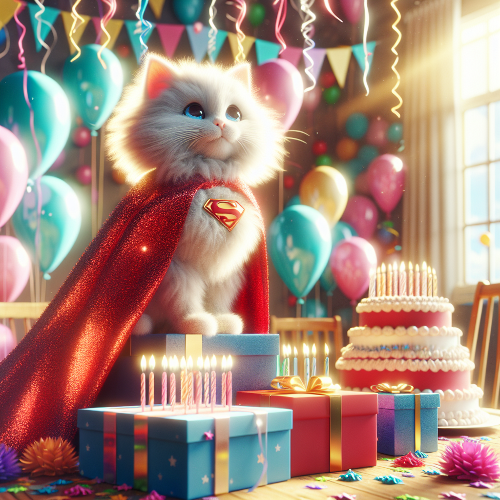 The image is a vivid depiction of a birthday celebration taking place in a sunlit room filled with lively colors from balloons and streamers. The focus of the scene is a fluffy, white cat wearing a radiant red cape, as well a symbol reminiscent of a well-known superhero. Standing triumphantly on top of a stack of gift-wrapped presents, there's a playful sparkle in the cat's eyes. In the background, a sizable birthday cake garnished with candles ready to be extinguished, adds to the overall merriment.
Generated with these themes: Cat, and Superman .
Made with ❤️ by AI.