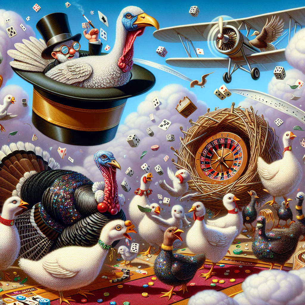 Imagine a unique birthday scene where a turkey, dressed in magician's attire, magically pulls a honking goose from an oversized top hat. Nearby, a group of hens festooned in sequin feathers engage in a game of chance, throwing dice against a nest designed like a roulette wheel, all the while encouraged by a roguish cockerel wearing a distinguished monocle. Hovering above this boisterous crowd is a fantastical aeroplane with a roulette wheel acting as its propeller, artfully navigating through clouds that mimic various suits of playing cards. The play of light from the action below casts a kaleidoscope of shadows, imbuing the surreal and merry cartoon-like scene with an air of whimsy.
Generated with these themes: Turkey, Goose, Hen, Cockeral, Aeroplane, and Gambling.
Made with ❤️ by AI.