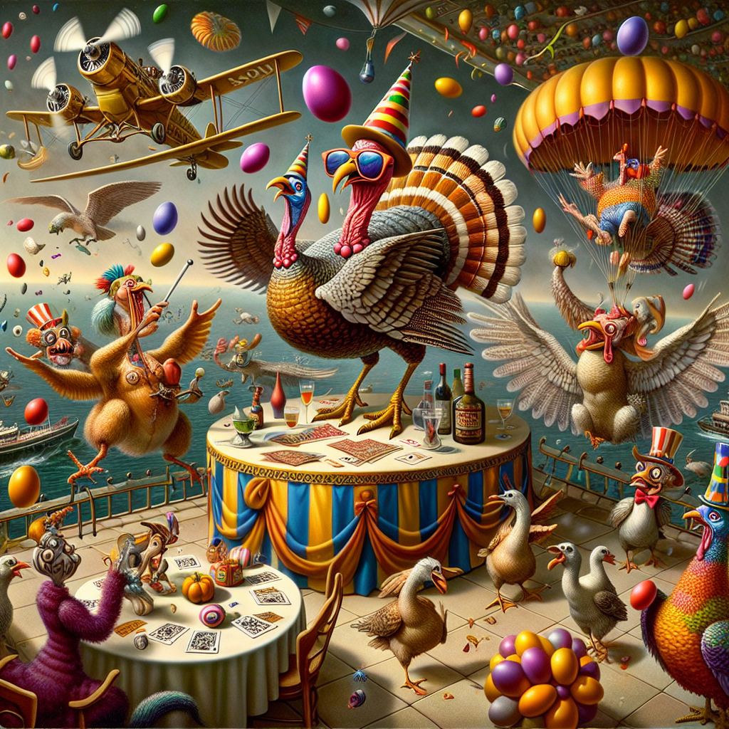 In the inaugural scene, the environment hums with the strange allure of a Surreal Cartoon celebration. At the core, a fantastical turkey in a celebratory hat shows off its juggling prowess with vibrant eggs, all while precariously balanced on an animate goose. Nearby, a hen ornamented with absurd geometric patterns partakes in a card game with a stylish rooster, both participants deeply engrossed in a comical wagering duel. Above, a classic plane replete with caricatured wings and overstated propellers performs aerial acrobatics, unloading piles of confetti that transmogrifies into weird and wonderful shapes upon touching the high-spirited gathering of festive animals.
Generated with these themes: Turkey, Goose, Hen, Cockeral, Aeroplane, and Gambling.
Made with ❤️ by AI.