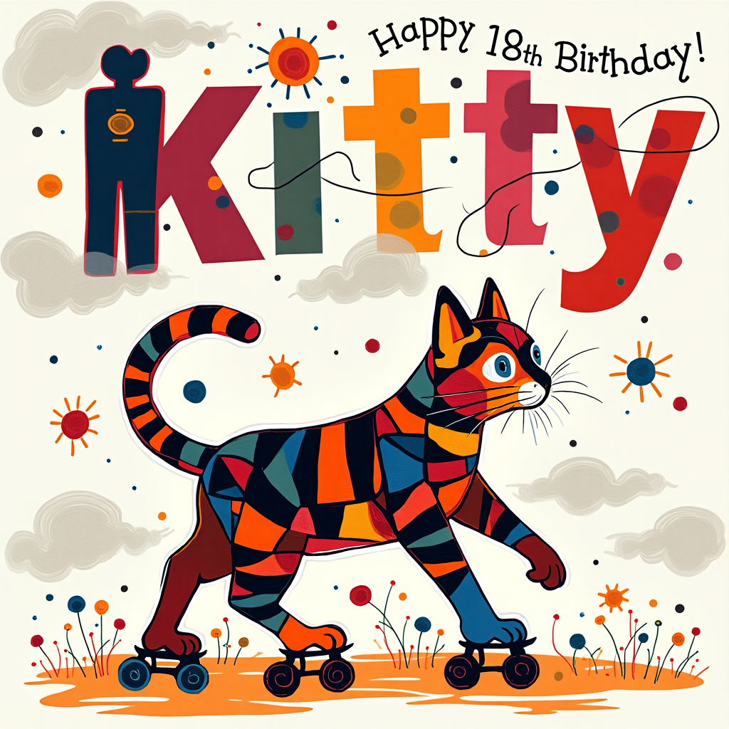In the foreground of this whimsical birthday card, a vibrant abstract tabby cat whirls by on neon roller skates, each wheel radiating bold, swirling colors reminiscent of Jackson Pollock's splatter technique. The cat's fur is a mesmerizing mix of Mondrian-inspired geometric patterns, with blocks of red, blue, and yellow interspersed amongst its classic tabby stripes. Behind the cat, a giant Roblox character towers over, yet its form is softened by the de Kooning-like fluidity of its silhouette, dressed in a striking fashion design ensemble featuring a Rothko-esque gradient dress with layered hues of pink, orange, and purple. The sky above is an expressive canvas, where swirling clouds painted in the style of Miró form the letters of "Kitty," creating a personal touch. The words "Happy 18th Birthday" are written in the clouds, using a playful mix of Twombly's scribbles and Richter's textured brushstrokes. Scattered across this dynamic scene are whimsical, floating sewing needles and spools of thread, nodding to fashion design, all set against a background that blends Agnes Martin’s subtle grids and Malevich's bold, abstract shapes. Each element combines to craft a lively narrative that celebrates Kitty’s passions and milestone birthday with artistic flair.
Generated with these themes: Tabby Cat, Roller Skating, Roblox, Fashion Design, and Daughter, Happy 18th Birthday.
Made with ❤️ by AI.