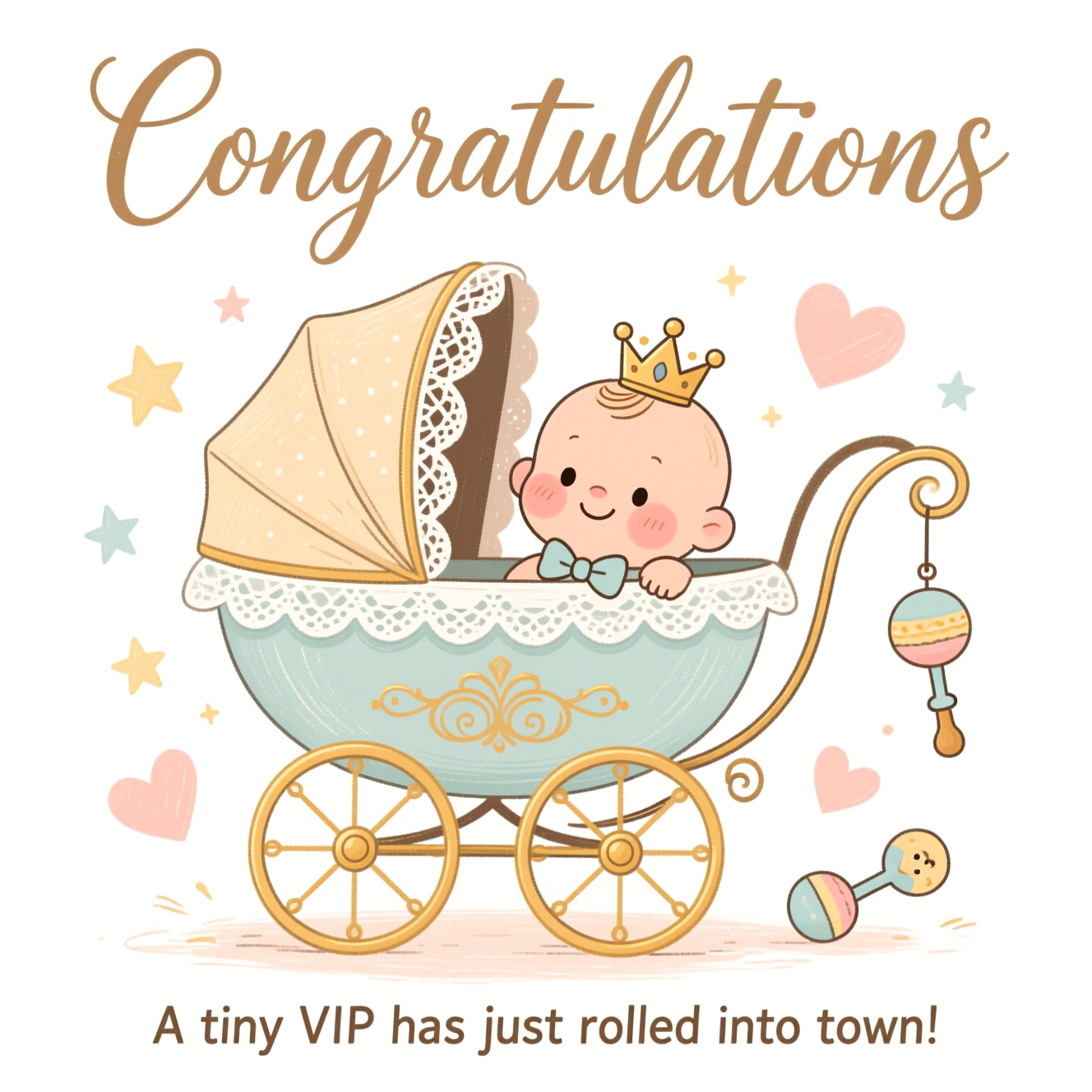 At the top of the image, **"Congratulations"**  

At the bottom of the image, add: **"A tiny VIP has just rolled into town!"**  

- In the center, illustrate a hand-drawn, whimsical baby in a fancy vintage-style pram with ornate golden wheels and a lacy canopy.  
- The baby peeks out with rosy cheeks, wearing a tiny crown or bow, looking cheekily proud.  
- Surround the pram with soft pastel accents (floating stars, gentle hearts, maybe a rattle or toy dangling nearby) to give it a dreamy, celebratory mood.  
- Keep the background clean and white so the pram and baby pop as the focal point.  
- Use fine linework, textured brush strokes, and a warm, tender color palette to enhance the charm.  
Generated with these themes: White background. Baby is a fancy pram, and .
Made with ❤️ by AI.