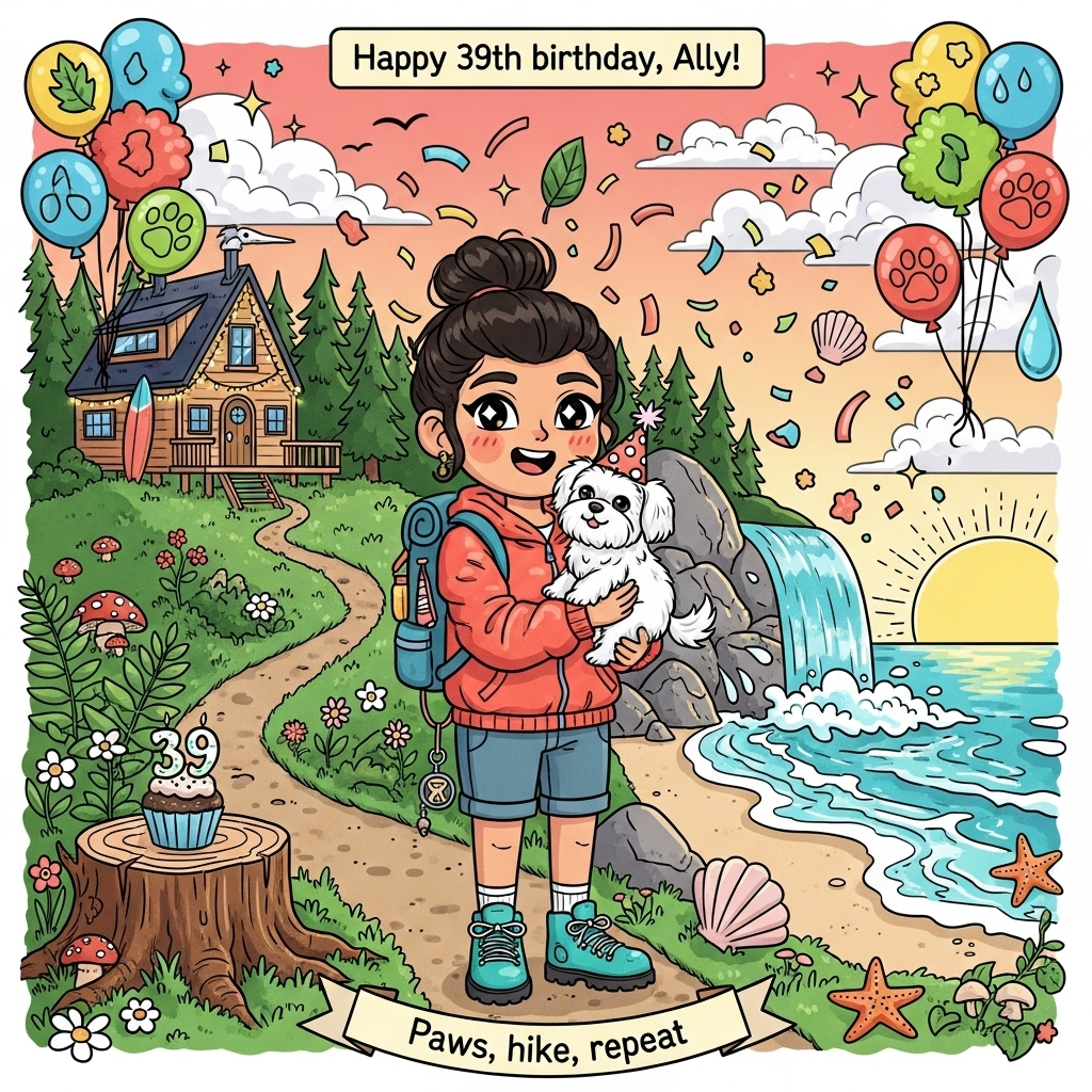 At the top of the Cartoon Style image, "Happy 39th birthday, Ally!"

Cute, playful cartoon illustration with exaggerated proportions and thick outlines. Center: a joyful woman with dark brown hair pulled back in a bun (no bangs), big sparkling eyes and rosy cheeks, cuddling a small white fluffy Maltese terrier in her arms. The pup wears a tiny polka-dot party hat; its tail wags with little motion lines.

Scene is a whimsical nature mash-up: a wildflower-dotted hiking trail winds past ferns and mushrooms, leading to a glittering waterfall that arcs into frothy, turquoise waves on a sunny beach. Seashells and starfish frame the shoreline. On a nearby hill, a cozy tiny A-frame home with twinkly string lights and a mini deck peeks through pines; a little surfboard leans by the door.

The woman wears a bright coral windbreaker, teal hiking boots, comfy shorts, and a small backpack with a dangling tiny-house keychain. A tree-stump picnic holds a cupcake with a “39” candle. Confetti and balloons shaped like leaves, paw prints, shells, and water droplets swirl around for lively energy. Sky: gradient peach-to-aqua with puffy stylized clouds, birds, and sparkles.

Style notes: thick black outlines, bold saturated colors (aqua, teal, coral, sunshine yellow, lime), flat fills with soft cel-shading, glossy highlights, and cute starry sparkles.

At the bottom on a small curved ribbon banner, add a short playful caption: "Paws, hike, repeat!"

No watermarks, no logos, no signatures.
Generated with these themes: Woman with dark brown hair pulled back in a bun and no bangs, holding a small white fluffy Maltese terrier. The woman loves nature, hiking, waterfalls, beaches and staying in tiny homes. , and .
Made with ❤️ by AI.