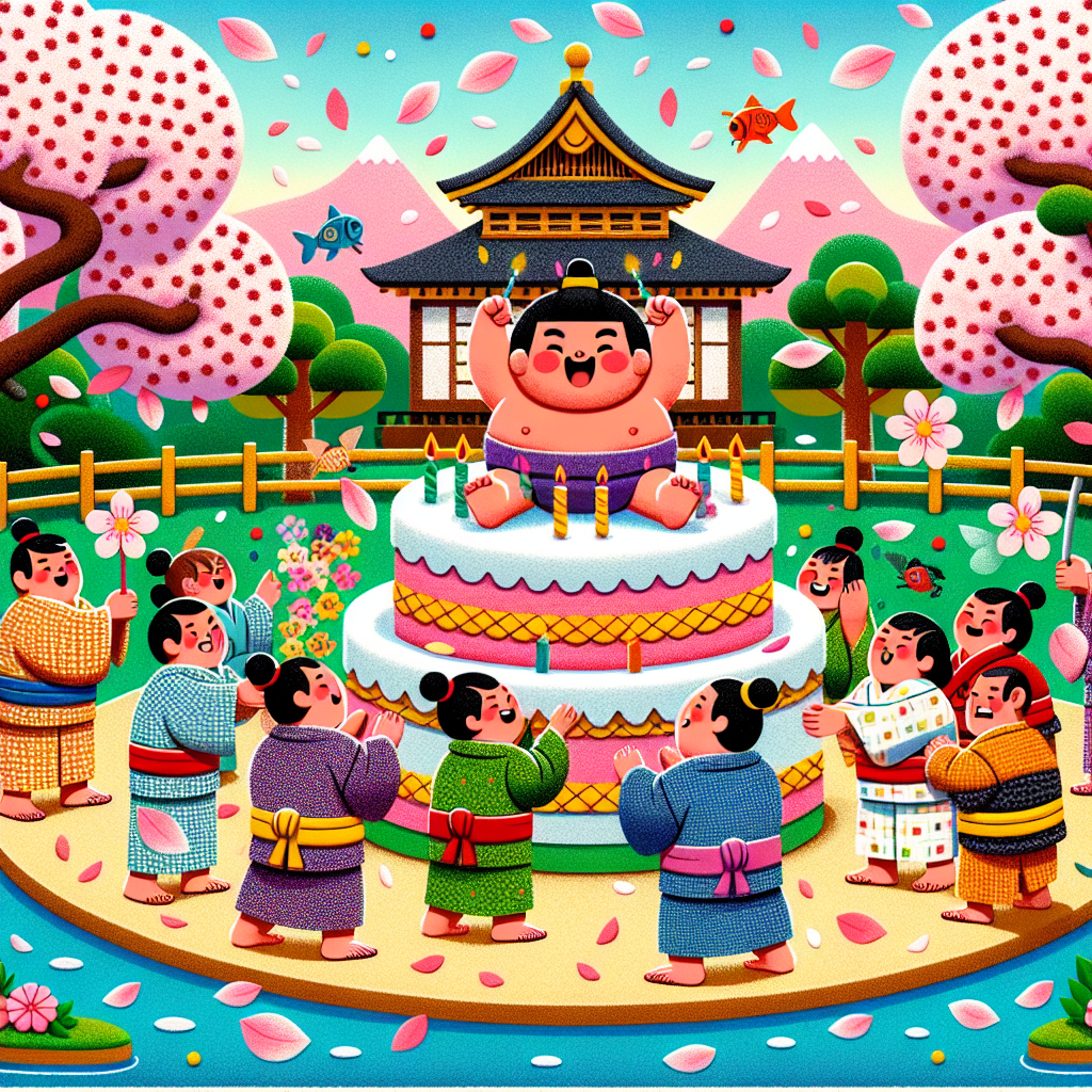 Craft a vibrant illustration that shows a playful scene in a festive Japanese garden. It's springtime, and there's an air of celebration. A group of sumo wrestlers of various descents such as Caucasian, Hispanic, Black, Middle-Eastern, South Asian, and White are gathered around a big birthday cake, which is designed to look like a sumo ring. Sakura petals twirl in the air, giving a calm contrast to the joyous occasion. In the center, a sumo wrestler, the esteemed guest, is all set to blow out the candles, his co-wrestlers, donning colorful mawashi, enthusiastically cheering him on. The foreground features a serene koi pond that mirrors the lively scene above.
Generated with these themes: Sumo wrestling, Japan, and Cake.
Made with ❤️ by AI.