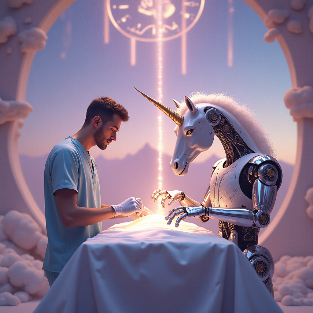 Male surgeon operating on a unicorn with help from a robot machine called Da Vinci, Have the name Da Vinci written on it, and Thank-you Card