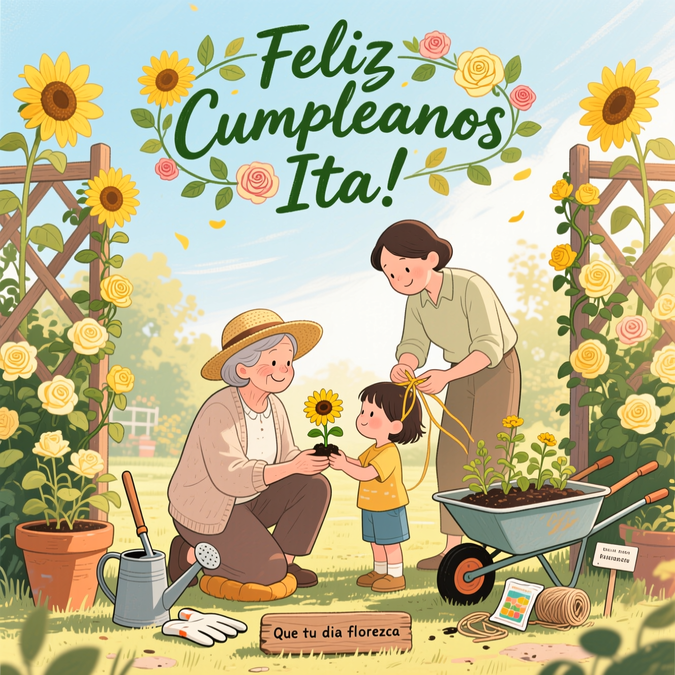 At the top of the Illustration Style image, add the text "Feliz Cumpleanos Ita!" in warm hand-lettered brush script, deep garden green, gently arched and intertwined with painted sunflower petals and rose leaves.

Hand-drawn, sincere birthday scene in a sunlit family garden. Fine linework and textured brush strokes create a cozy, expressive atmosphere. In the foreground, three generations share a tender moment: a smiling grandmother in a straw hat and soft cardigan kneels on a knee pad, a young child offers her a small sunflower seedling, and an adult behind them gently ties a climbing yellow rose to a wooden trellis. Tall golden sunflowers frame both sides; clusters of buttery-yellow roses weave through the trellis and spill from a clay pot in a wheelbarrow. Include a watering can, trowel, gloves, twine, seed packets, and labeled plant markers for gardening detail. Warm late-afternoon light with dappled shadows; a palette of sunflower golds, creamy rose yellows, fresh leafy greens, terracotta, and soft sky blue. Balanced composition with a triangular grouping of the family, soft background foliage, and visible paper grain. Linework feels ink-and-wash with gentle gouache textures and subtle dry-brush edges for authenticity. Expressions are gentle and loving to keep the mood sincere.

At the bottom, as a small caption on a wooden plant label in the soil, add: "Que tu día florezca".
Generated with these themes: Yellow sunflowers and roses, Gardening, Family, , and .
Made with ❤️ by AI.