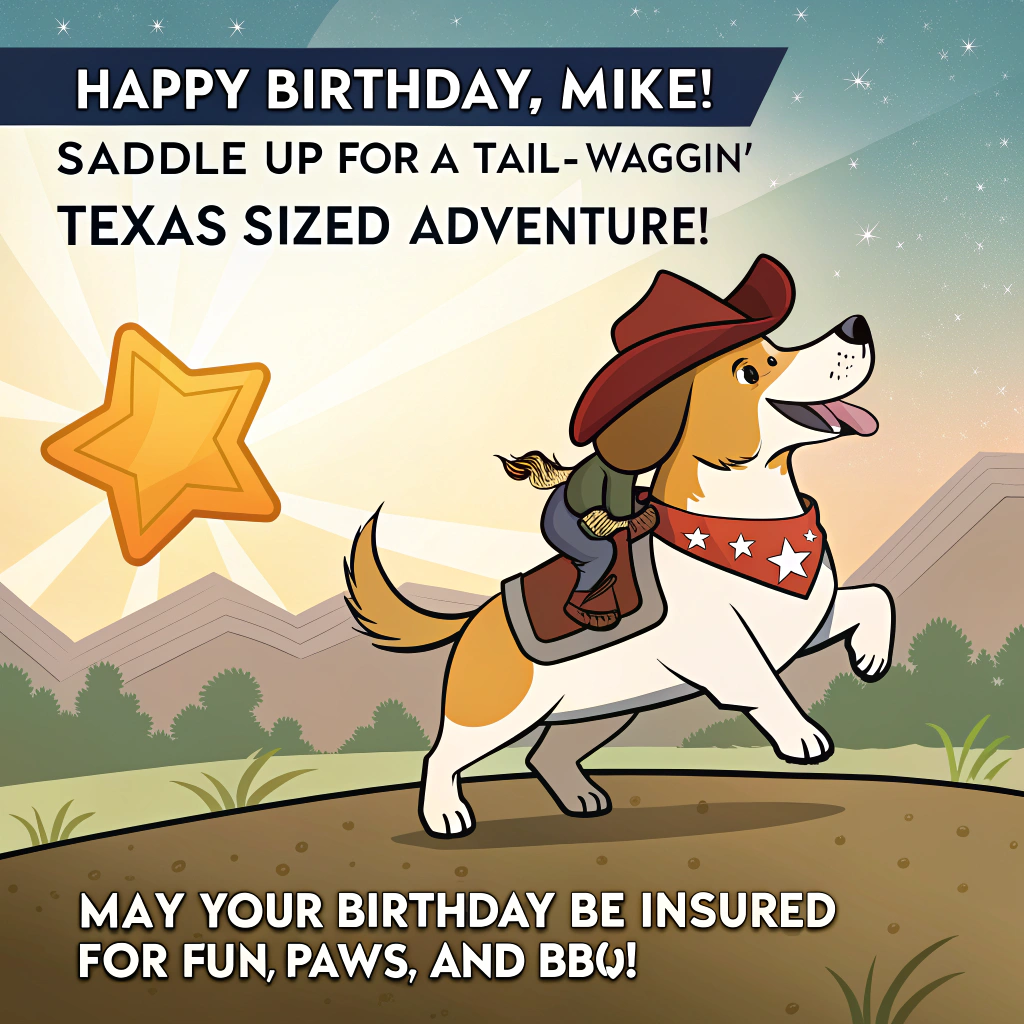 At the top of the image, "Happy Birthday, Mike! Saddle up for a tail-waggin' Texas-sized adventure!"

At the bottom of the image, "May your birthday be insured for fun, paws, and BBQ!"

- Imagine a cartoon scene featuring a cheeky, cowboy-hatted dog riding a giant insurance policy like a rodeo star. The Texas sun blazes in the background, casting an energetic glow on the whimsical showdown.
Generated with these themes: Insurance, dogs, texas, and .
Made with ❤️ by AI.