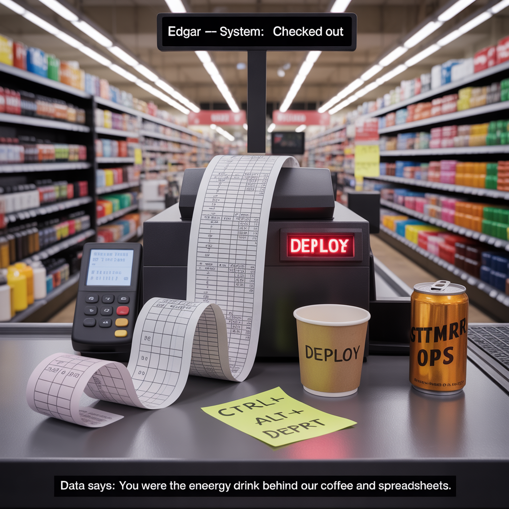 At the top of the Photorealistic picture taken from a camera image, "Edgar — System: Checked Out"

At the bottom of the Photorealistic picture taken from a camera image, "Data says: you were the energy drink behind our coffee and spreadsheets."

Ultra-high-definition 4K UHD, photorealistic, documentary-style shot inside a late-night convenience store. Eye-level perspective across the checkout counter. Crisp, lifelike textures; accurate fluorescent lighting with a warm coffee-glow accent; shallow depth of field for rich bokeh down the aisles.

Scene:
- Foreground: A cluttered checkout counter. A thermal receipt printer spills an absurdly long tape printed with spreadsheet grids, formulas, and tiny charts, curling across the counter like a data stream. A barcode scanner’s red beam passes over a paper cup labeled “Deploy,” and next to it an open energy drink can with a sticky note that reads “Ctrl+Alt+Depart.” A small desk sign reads “Systems Ops” but styled like a price tag.
- Midground: A POS screen displays a clean interface that reads “Checked Out: Edgar” and “System Transfer Complete,” with a tiny pie chart icon. Nearby, a laptop with a spreadsheet dashboard shows colorful line graphs trending upward. A neatly stacked pile of coffee beans sits in a jar marked “Fuel.”
- Background: Aisles lined with generic energy drink cans on one side and a gleaming coffee station on the other. Shelf tags mimic spreadsheet cells (A1, B2, C3), and a freezer door has a fogged-over glass graph arrow sketched with a finger. A small sign overhead says “Systems” above neatly bundled cables in clear jars, like snacks for IT pros.
- Humor details: A loyalty card on the counter titled “Data Points” with a punch-stamped grid; a tiny POST-IT on the POS frame that says “Esc to Exit”; a box labeled “Migrating… please wait” filled with cables and a farewell mug.

Text styling:
- Top headline and bottom punchline in bold, clean white sans-serif with a subtle drop shadow for readability against the store scene.

Camera and lighting:
- Shot on a 35mm lens, f/2.8, ISO 400, 1/60s; cool overhead fluorescents balanced by warm coffee station underlights; soft reflections on polished counter; sharp focus on the counter objects, gradual blur into the aisles. No visible brand logos.
Generated with these themes: Systems, convenience store, data, spreadsheets, energy drink, coffee, and .
Made with ❤️ by AI.