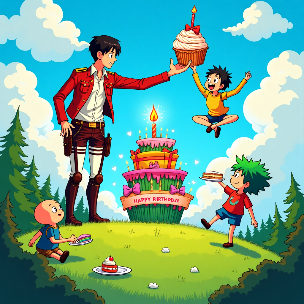 Attack on titan , Demon slayer , Chainsaw man, My hero academia , and Adventure time Birthday Card