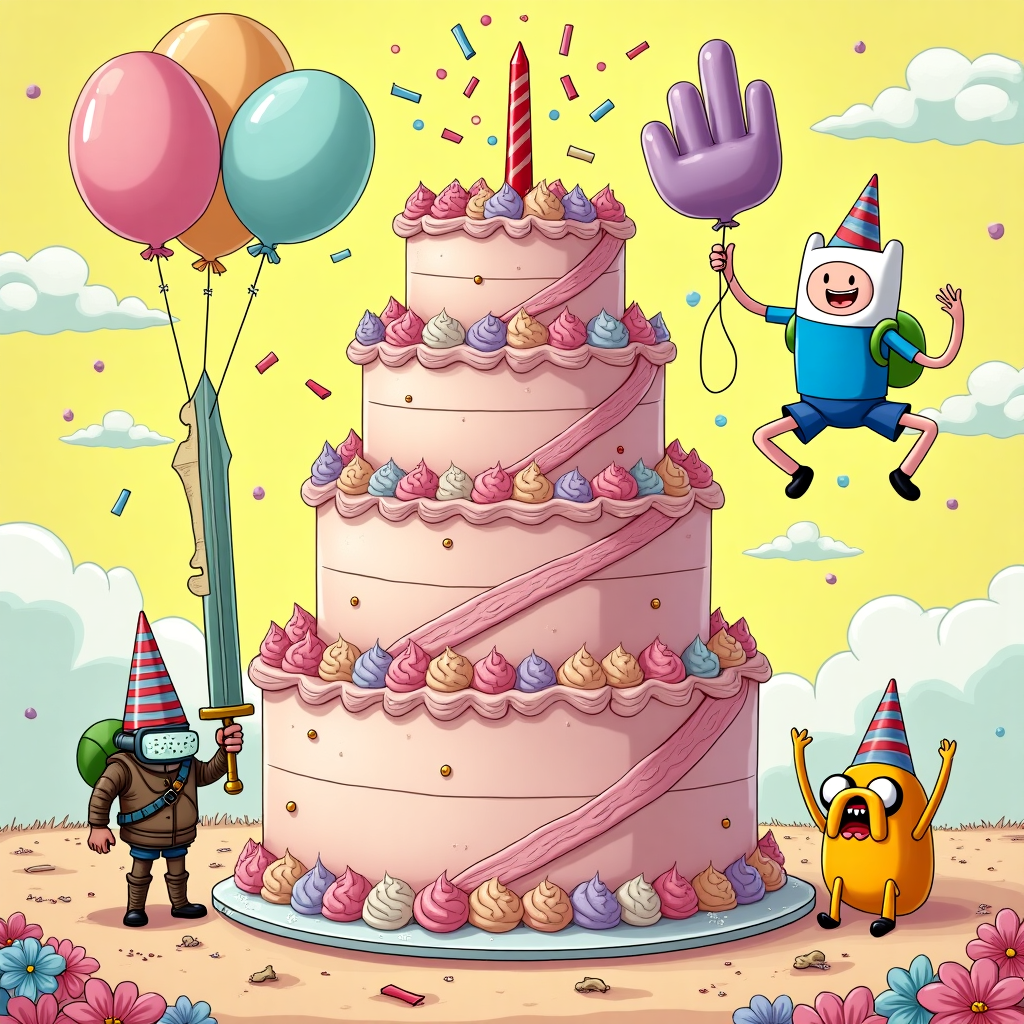 Front and center of the card is a colossal birthday cake shaped like the Colossal Titan from "Attack on Titan." The cake, in creamy pastel colors of soft pinks and blues, towers over a whimsical landscape. Its icing is delicately piped to mimic the muscular details of the Titan, with sparklers serving as the Titan's eyes, blazing with celebratory sparkles.

In the foreground, Tanjiro Kamado from "Demon Slayer" is depicted in an exaggerated cartoon style, wielding his sword made of bubblegum, which twists in surreal loops as if caught in a candy tornado. The sword's hilt glimmers in hues of metallic green and gold, catching light like a disco ball.

Flanking Tanjiro, Denji from "Chainsaw Man" sits nonchalantly on a cake stand, his chainsaw transformed into a fun confetti blaster. The chainsaw's jagged edges are replaced with swirling ribbons and colorful streamers, ready to rain a cascade of paper joy at a moment's notice.

Nearby, Deku from "My Hero Academia" dons an oversized party hat resembling his iconic green mask, the hat tipping jauntily to one side as if defying gravity. His gloves are replaced with giant foam fingers pointing upwards, painted in vibrant shades of red and yellow, symbolizing high-fives ready for the birthday hero.

In the background, the beloved Jake the Dog and Finn from "Adventure Time" make a cameo, with Jake stretched into an inflatable bouncy castle and Finn jumping gleefully, balloons tied to his sword hilt. The balloons, in kaleidoscopic colors, create a polka-dotted sky against a canvas of bright, sunny yellow.

The sky itself is dotted with fluffy cotton-candy clouds, each in pastel shades of lavender and mint green, reminiscent of Charles Schulz’s gentle lines, giving a whimsical, dreamlike backdrop akin to "Little Nemo in Slumberland."

Around the edges of the card, swirling cartoonish doodles of confetti and stars, drawn in the style of Bill Watterson, add an energetic frame, leading the eye back to the fantastical birthday celebration at its heart.
Generated with these themes: Attack on titan , Demon slayer , Chainsaw man, My hero academia , and Adventure time .
Made with ❤️ by AI.