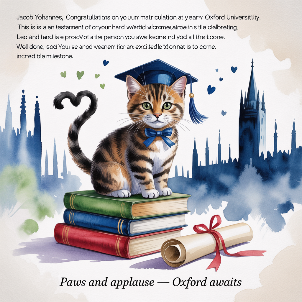 At the top of the Watercolor Style image, "Jacob Yohannes, congratulations on your matriculation at Oxford University.   This is a testament to years of hard work, and it is an incredible achievement we are all celebrating.   LEO and I are so proud of the person you have become and are excited for all that is to come.  Well done, son! You've earned this incredible milestone"

At the bottom of the image, "Paws and applause — Oxford awaits!"

Paint a sincere, airy watercolor scene: a dignified tabby cat in a tiny mortarboard and an Oxford-blue ribbon, perched atop a neat stack of classic books beside a rolled parchment tied with a red ribbon. The cat’s tail curves into a soft heart shape, whiskers catching light. Behind, a gentle indigo wash suggests Oxford’s dreaming spires and the Radcliffe Camera in loose silhouette—edges soft, softly blurred, with delicate pigment blooms. Use a refined palette of Oxford blues, warm cream, soft gold accents, and tender leafy greens. Keep composition spacious and text-forward: ample negative space around the top message, with subtle splatters and feathered edges, natural cold-pressed paper texture visible throughout. Lighting feels hopeful and celebratory, not loud—sunlit washes, delicate gradients, and velvety transparency. Avoid hard outlines; let colors bleed gracefully for an elegant, proud, heartfelt finish.
Generated with these themes: Cat, and .
Made with ❤️ by AI.