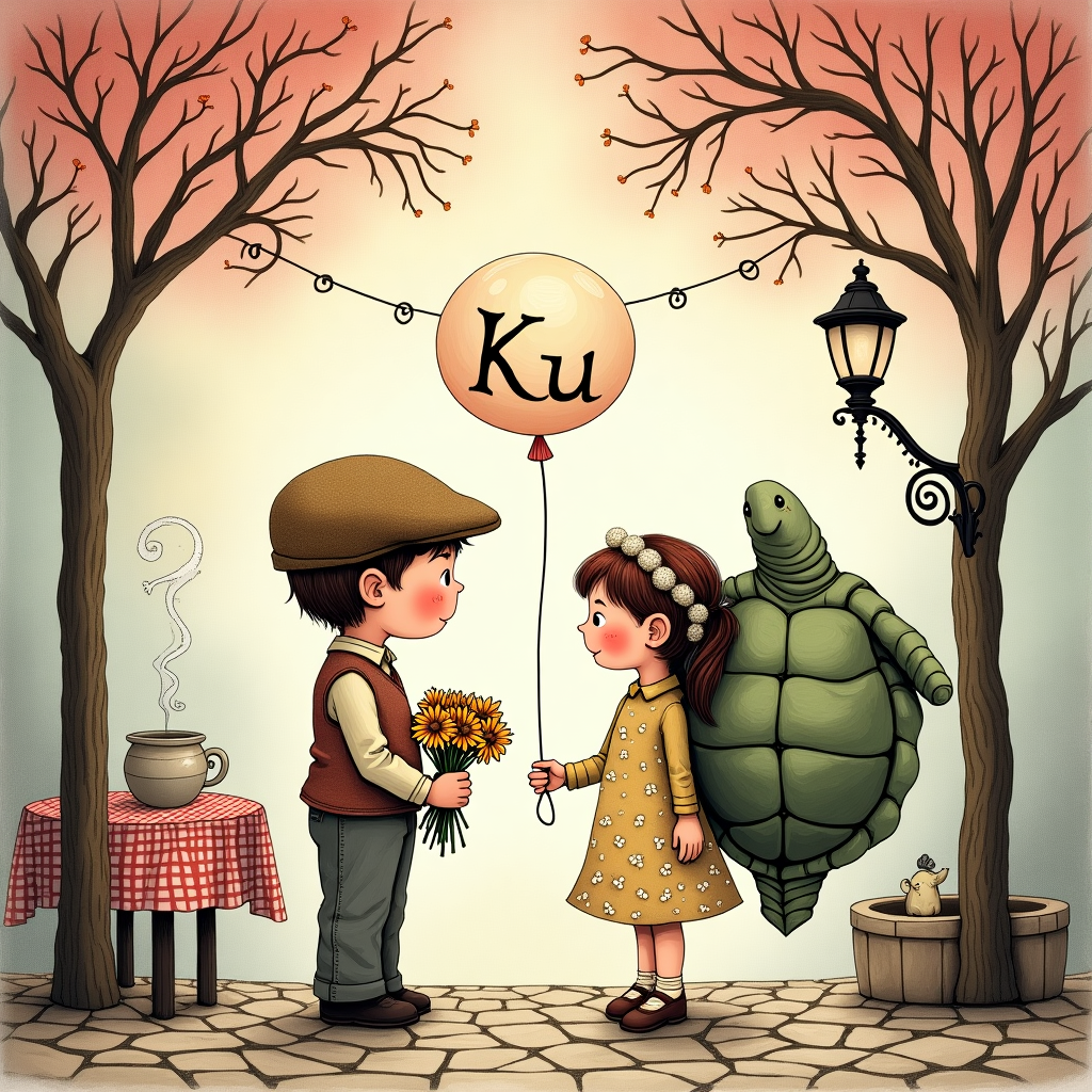 Picture this for the front of your quirky sympathy card: 

In a whimsical hand-drawn illustration, we see a quaint cobblestone street, inspired by an Edward Gorey meets Quentin Blake style, with detailed linework and expressive character design. The background is a blend of Maxfield Parrish's dreamy colors, with a sky painted in soft pastels of pinks and purples, kissed by the setting sun. 

On the street, a young boy and girl, dressed in vintage-inspired clothing reminiscent of the 1920s, are on an unusual date. The boy, with a comically oversized, tweed flat cap, holds a bunch of bright, oversized daisies in one hand, their petals illustrated with Beatrix Potter-like precision. The girl, wearing a dress with a pattern reminiscent of an Aubrey Beardsley motif, is holding a gigantic, intricately detailed balloon shaped like a tortoise. The tortoise is drawn with an Arthur Rackham-style of intricate detailing.

Above them, a small banner floats between two lampposts. On it, in quirky, hand-lettered script, is the word "Ku". The lampposts are adorned with spirals and curlicues that would feel at home in a Maurice Sendak illustration.

Beside the couple, a quaint, slightly wonky café table, adorned with a gingham tablecloth reminiscent of N.C. Wyeth's vibrant color palettes, holds a large teacup, from which a little steam cloud rises. If you look closely, the steam subtly forms the shape of a tiny elephant, adding a touch of whimsy and detail.

In the background, detailed in a style akin to Gustave Doré, is an intricately illustrated tree, its branches creating shadowy, lace-like patterns on the cobblestones. Nestled among the branches is a small bird with exaggerated features, like something out of a Norman Rockwell scene, perched as if it is overseeing the entire date.

This image captures a charmingly odd scene with concrete details that are both nostalgic and endearing, ensuring a card that's both a little humorous and heartfelt.
Generated with these themes: A girl and a boy going on a date .
Made with ❤️ by AI.