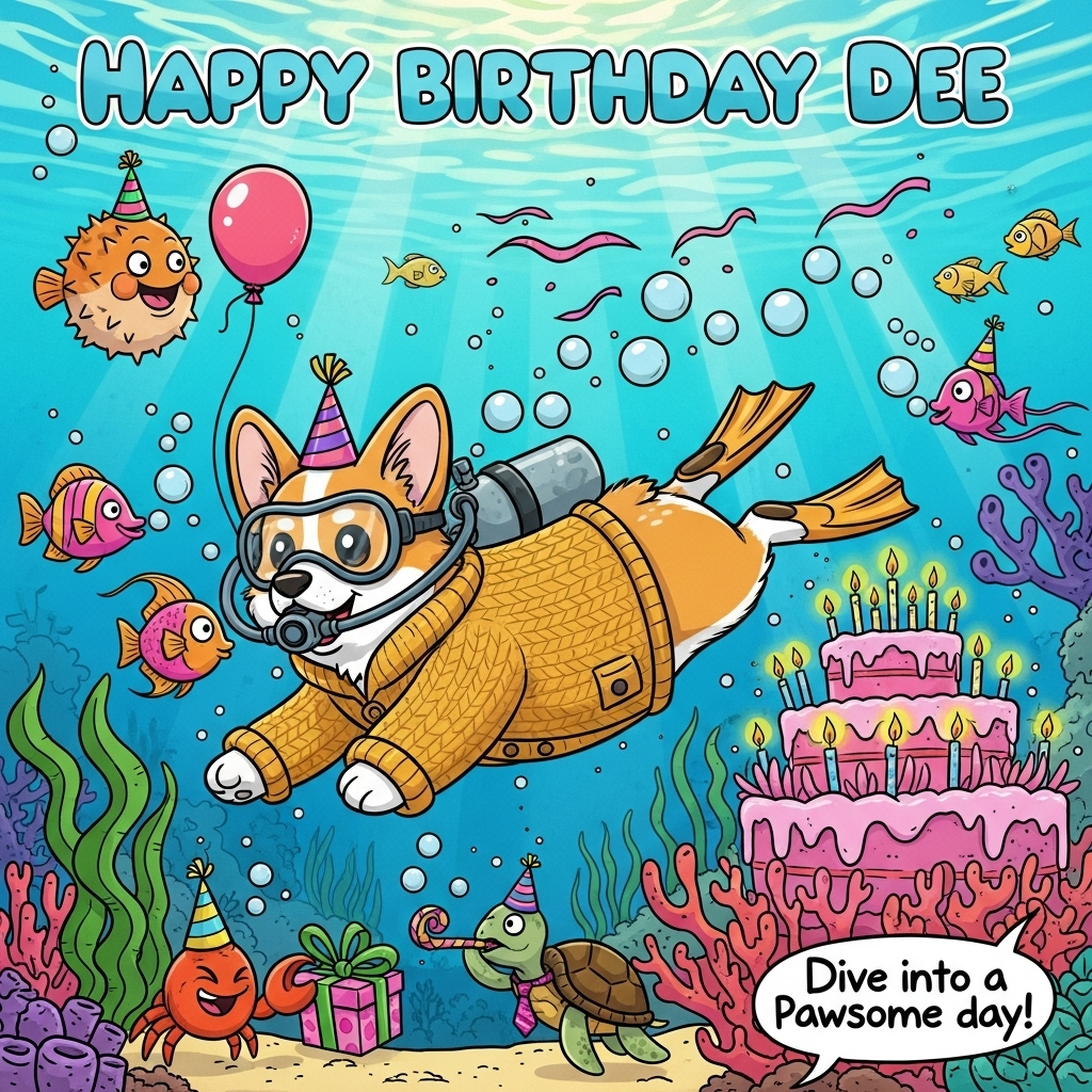 At the top of the Cartoon Style image, place the text "Happy Birthday Dee" in big, bubbly sea-foam letters with a thick black outline, gently wavy as if floating underwater.

A bright, saturated, playful cartoon underwater scene: a cardigan-wearing corgi is scuba diving through a lively coral reef. The corgi has exaggerated proportions—big expressive eyes behind a round mask, tiny legs kicking with oversized flippers, a wagging butt, and a comically puffy knitted cardigan (mustard yellow with chunky stitches) flapping in the current over a small scuba tank. Thick outlines define everything; poses are energetic and whimsical. The corgi’s bubbles trail behind in paw-print shapes.

Surround them with party-in-the-ocean details: colorful fish in pointy party hats, a grinning pufferfish balloon, streamers of seaweed, confetti-like bubbles, and a coral formation shaped like a giant pink birthday cake with glowing anemone “candles.” A cheeky crab offers a gift wrapped in kelp ribbon; a turtle in a tiny tie blows a party horn. Sunbeams pierce the water, sparkling on the scene. Color palette: aqua and teal water, coral pinks, neon greens, sunny yellows, and pops of purple; thick black outlines and simple shading keep it bold and cartoony.

Place a small, funny caption at the bottom right: “Dive into a pawsome day!” in a playful rounded font with a thick outline.
Generated with these themes: Cardigan corgi, Scub adiving, and .
Made with ❤️ by AI.