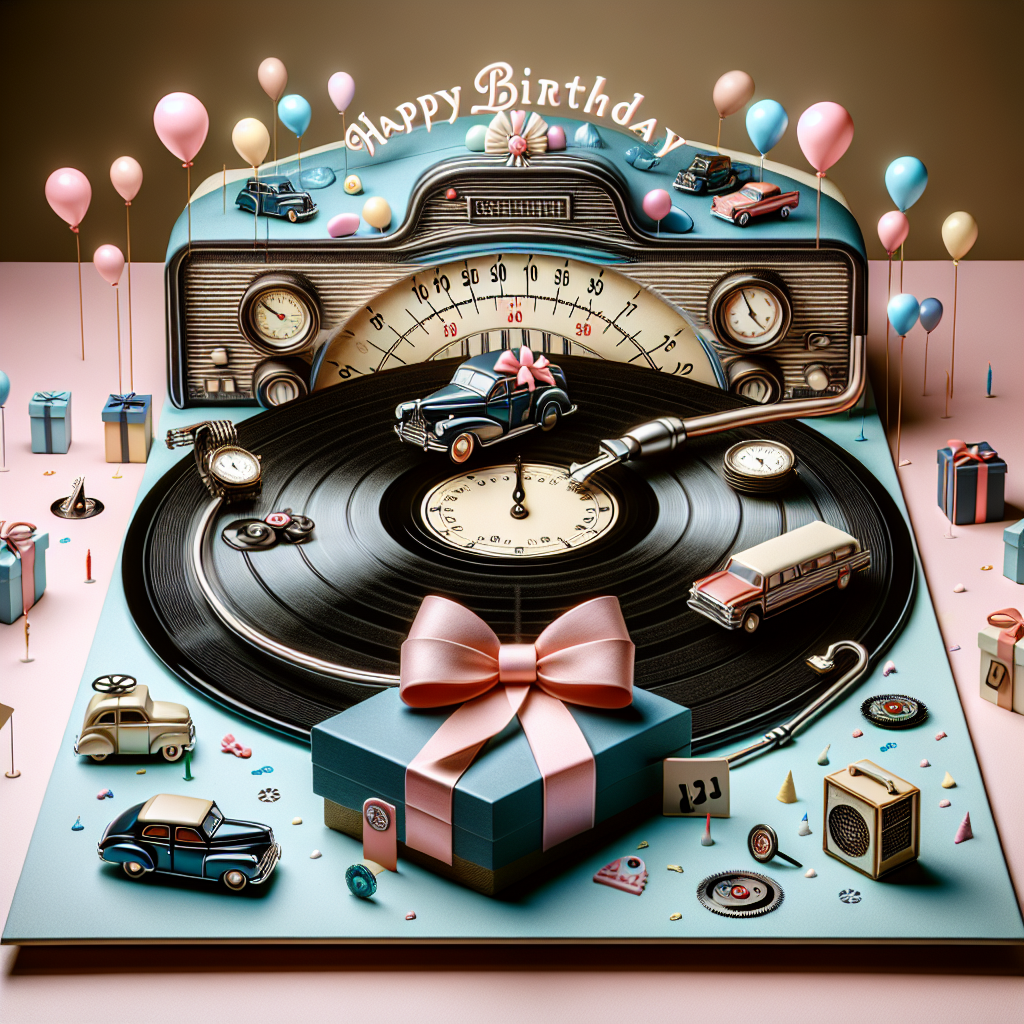 Visualize a charming birthday theme illustration. The centerpiece is a sleek vintage car, adorned with a bow and balloons. The dashboard inside the car features miniature watches with different times, embodying the concept of timelessness. On the foreground, a vinyl record spins on a turntable, its musical notes metamorphosing into whimsical shapes like tiny cars and watch gears. The surrounding environment is painted in soft pastel colors reminiscent of the 80s music era, amplifying the festive ambience.
Generated with these themes: Watches, Cars, and 80s music.
Made with ❤️ by AI.