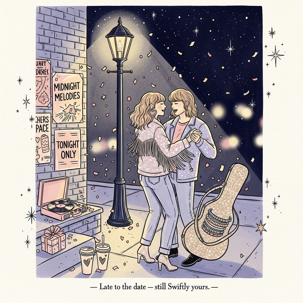 Hand-drawn illustration with fine linework and textured brush strokes on softly grained paper; romantic, warm, expressive palette (midnight blue, lavender, blush pink, champagne gold). Scene: A late-night city street after a show, glowing under a vintage streetlamp. Centered, a couple twirls in an intimate dance, laughing; one wears a shimmery fringe jacket and heart earrings, the other holds a sparkly-strapped guitar case with stacked friendship bracelets—subtle Taylor Swift–inspired motifs without logos. Confetti drifts like tiny stars; a small gift box with ribbon sits on a stoop beside two takeaway cups with heart doodles; a vinyl record player quietly spins. Brick wall posters read “Midnight Melodies” and “Tonight Only,” with soft neon bokeh and a starry sky behind. Balanced composition with a gentle lamplight halo, delicate star doodles, and watercolor-edged textures. Small, single-line hand-lettered caption near the bottom in cream with a soft drop shadow: “Late to the date — still Swiftly yours.” Portrait orientation, generous breathing room, no brand logos or direct album art.
Generated with these themes: Taylor swift, Late, and .
Made with ❤️ by AI.