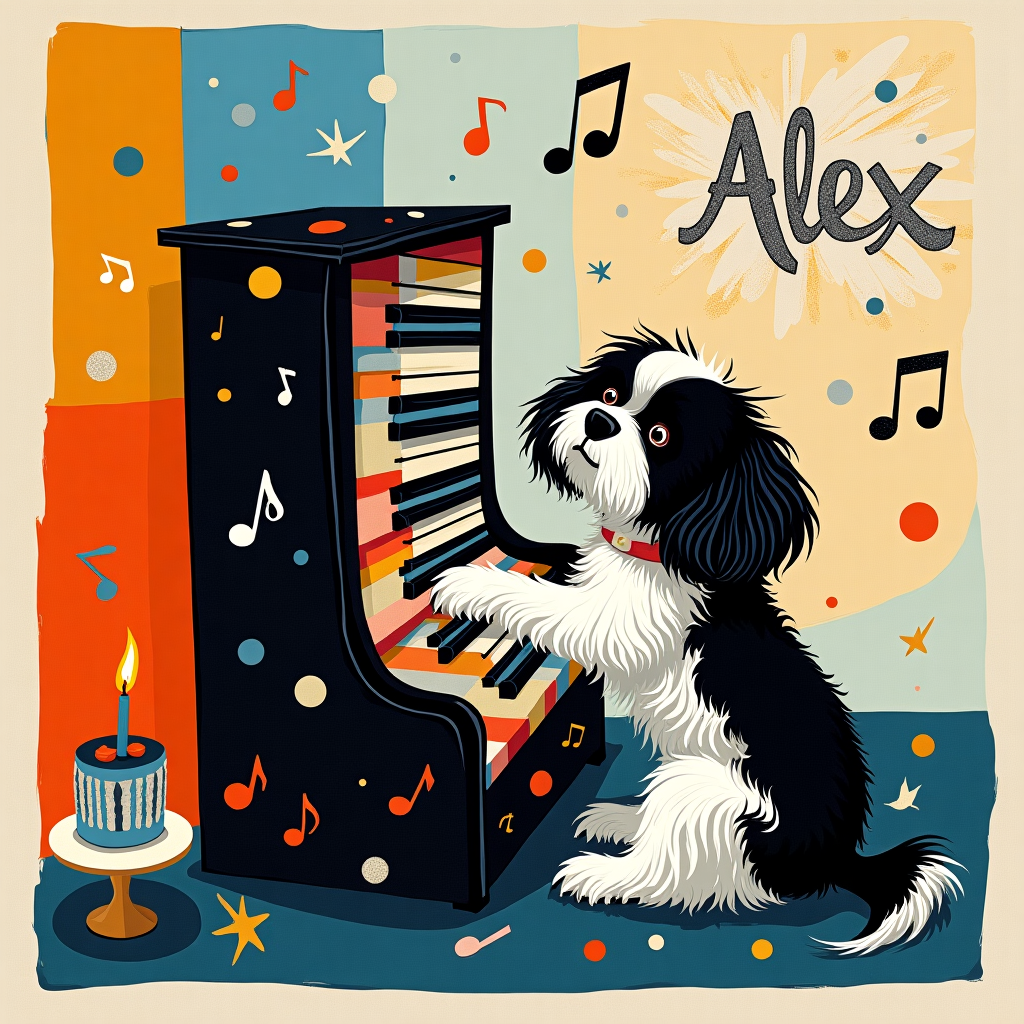 **Front Cover Design: "Shih Tzu Serenade for Alex"**

- **Central Figure:**  
  - A black and white Shih Tzu dog is seated at an upright piano. The piano is abstract, with keys swirling into an upward spiral, reminiscent of a Kandinsky-inspired music staff. The Shih Tzu's fur is illustrated in energetic black and white strokes similar to Cy Twombly's calligraphic style. The dog’s paws seem to hover, mid-play, creating a dynamic sense of movement.

- **Piano Details:**  
  - The piano is composed of geometric shapes, drawing inspiration from Mondrian’s work, with bold red, blue, yellow, and black rectangles scattered across its surface.

- **Background:**  
  - The backdrop features Rothko-esque color fields, using gradients of soft blues and vibrant oranges. Behind the Shih Tzu, the gradient softly transitions from blue at the bottom to orange at the top, creating a harmonious yet contrasting canvas.

- **Foreground:**  
  - Scattered around the base of the piano are abstract musical notes, rendered in Miró’s whimsical style with bold colors and organic shapes floating up and away from the piano, intertwining with the spiral keys.

- **Sky Element:**  
  - In the top right corner, among a Pollock-inspired splatter of white and silver, the name "Alex" is subtly inscribed in delicate, looping letters, almost hidden within the chaotic beauty.

- **Additional Elements:**  
  - On the lower left, a small, abstract cake composed of de Kooning’s vibrant brushstrokes sits, topped with a singular, glowing candle shaped like a musical note.

- **Frame:**  
  - The entire scene is framed within a minimalist border of intersecting lines and blocks of muted color, evoking a sense of Malevich's Suprematism, grounding the abstract elements in an ordered yet free-form structure.

This cover, bursting with playful abstraction and homage to the legends of modern art, creates a visual symphony where the Shih Tzu's piano serenade echoes joyfully for Alex's special day.
Generated with these themes: Black and white Shih tzu playing piano.
Made with ❤️ by AI.