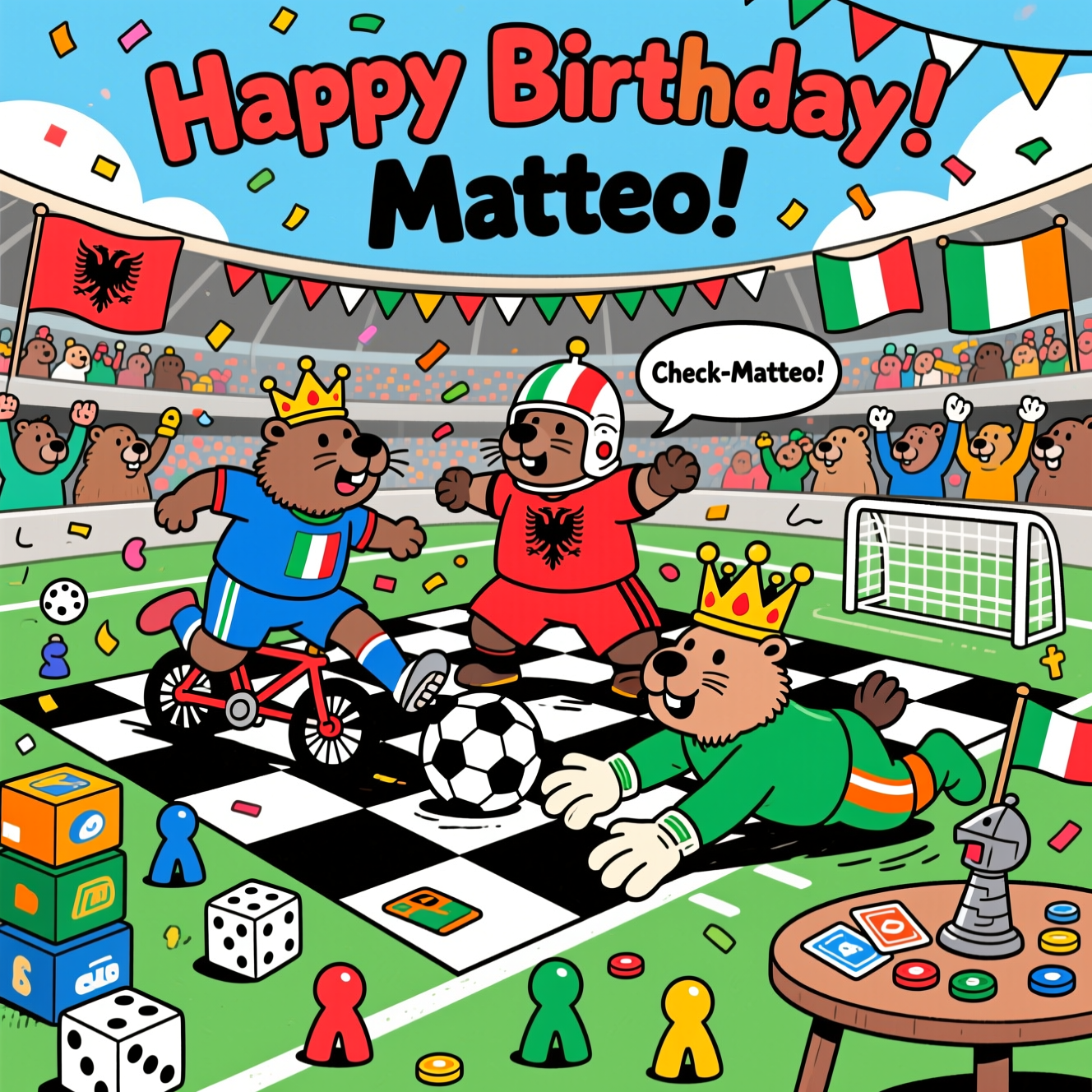 At the top of the Cartoon Style image, Happy Birthday, Matteo!

Big, playful stadium scene where a football pitch is a giant black-and-white chessboard. In the center, three goofy capybaras with oversized heads and chunky limbs clash in hilarious action: the Italian capybara striker (azure kit with tiny green–white–red trim) launches a dramatic bicycle kick at a checkered football wearing a tiny gold crown; the Albanian defender (bright red kit with a black double‑headed eagle emblem) slides in wearing a rook-shaped helmet; the Irish goalkeeper (vivid green with orange-and-white trim) dives with a wobbly king’s crown over giant goalie gloves. Around them, board-game chaos spills onto the field: oversized dice tumble, colorful meeples bounce as mini-fans, a stack of generic game boxes forms the goalposts, and a side table shows cards, tokens, and a tilted knight piece acting like a linesman’s flag. Stands filled with capybara spectators wave the flags of Albania, Italy, and Ireland, with bunting in their tricolors arcing overhead. Confetti swirls, motion lines, and silly expressions amplify the comedy.

Add one small speech bubble near the Italian striker that says: “Check-Matteo!”

Style: playful cartoon with thick black outlines, bright saturated colors, exaggerated proportions, and whimsical, energetic poses. Soft shading, clean sky background, lush green pitch, and clear negative space around the top text in big bubbly letters.
Generated with these themes: Football, chess, capybaras, Albania, Italy, Ireland, board games, and .
Made with ❤️ by AI.