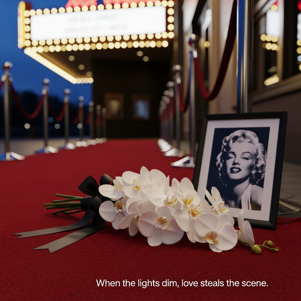 Ultra‑high‑definition 4K photorealistic camera photograph, sincere and quiet. Scene: An empty red carpet outside a softly lit theater entrance at blue hour, velvet ropes and chrome stanchions leading into darkness. Foreground focus on a pristine bouquet of white Phalaenopsis orchids tied with a black silk ribbon, resting gently on the deep crimson carpet; lifelike texture of velvet pile and orchid petals with delicate veins and dew‑soft sheen. Beside them, leaning against a stanchion, a small framed black‑and‑white portrait of Marilyn Monroe, respectfully soft‑focused as a tender homage; her reflection a faint glint on the polished chrome finial. Background: a neutral step‑and‑repeat press backdrop rendered as creamy bokeh, echoing red‑carpet arrival photographs; no legible logos; fading, scattered flash‑like highlights, hushed and subdued. Lighting: warm marquee glow as key light, cool twilight fill, accurate color and natural falloff; gentle vignette, subtle filmic grain, no harsh contrast. Composition: rule of thirds, knee‑height camera, slight downward angle; 85mm full‑frame lens, f/1.8, ISO 200, 1/200s; rich depth of field with the orchids in razor focus and everything else tastefully blurred. No people, no clutter—dignified, heartfelt, and serene.

Small on‑image caption (optional): lower right, understated serif in warm white, soft shadow: “When the lights dim, love steals the scene.”
Generated with these themes: Orchids , Red carpet arrival photographs , Marilyn monroe, and .
Made with ❤️ by AI.
