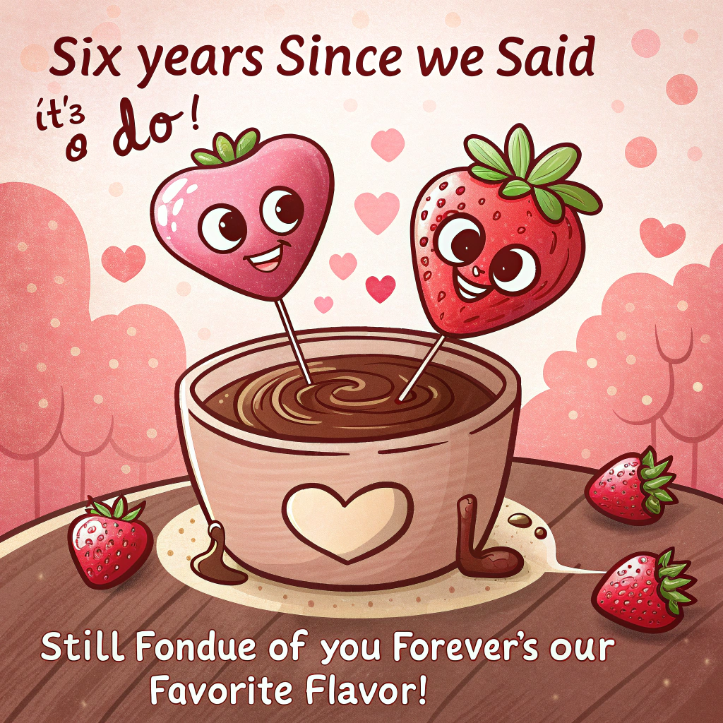 At the top of the Cartoon Style image, "Six years since we said 'I (fon) do.'"

At the bottom of the Cartoon Style image, "Still fond(ue) of you—forever’s our favorite flavor!"

- Center scene: A heart-shaped chocolate fondue pot with big, sparkly cartoon eyes and a happy grin, overflowing with glossy, swirling chocolate. Thick outlines, bright saturated colors, and an overall cute, bouncy energy.
- Two adorable anthropomorphic strawberries on skewers (oversized heads, tiny bodies) lean in over the pot like a wedding-kiss moment; their skewers cross to form a heart shape above the fondue, with a ribbon of chocolate arcing between them into a heart drip.
- Around the pot, playful dippables—marshmallows, banana slices, and a pretzel—each with tiny faces and whimsical poses, cheering and winking as chocolate splashes make little heart-shaped droplets.
- Subtle nod to year six: six tiny heart sparkles float up with the steam.
- Palette: rich chocolate browns, candy-apple reds, blush pinks, creamy whites, pops of mint-teal and sunshine yellow. High-gloss highlights on the chocolate for luscious shine.
- Background: soft gradient (mint to blush) with scattered confetti hearts and twinkly starbursts; keep clean negative space for the top and bottom text.
- Typography styling: headline and punchline in chunky, playful hand-lettered look; creamy-white fill with chocolate-brown outline for strong readability.
- Exaggerated proportions, thick black outlines, and whimsical, energetic poses throughout. No extra in-scene text.
Generated with these themes: Chocolate fondue, and .
Made with ❤️ by AI.