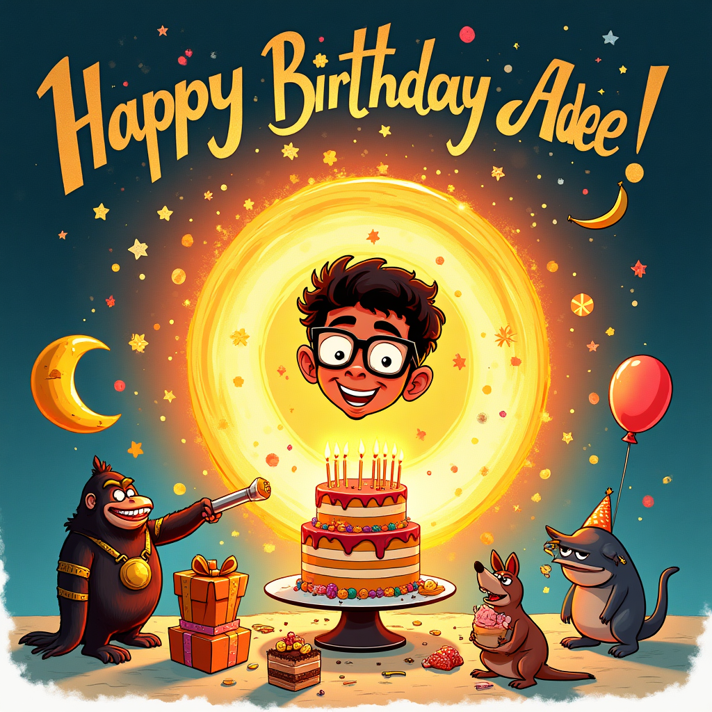 At the top of the Illustration Style image, hand-letter “Happy Birthday Adeel” in bold, playful gold script, sprinkled with tiny stars and confetti.

Full-bleed, hand-drawn illustration with fine linework, textured brush strokes, and a warm, expressive palette (glowing ambers, saffron, coral, teal, and moonlit indigo). Center stage: the birthday sorcerer—Adeel—Pakistani brown man with black glasses, laughing as he conjures a swirling, sparkly portal that shapes into a giant layered cake with glowing rune-like candles. Around him, a hilarious hero party ensues: on the left, a brainy gorilla in chunky high-tech armor launches banana-shaped confetti from a shoulder gadget; diagonally above, a moon-themed, hooded vigilante vaults across a crescent balloon, presenting a neatly wrapped gift; foreground right, a short, grumpy, sideburned brawler uses oversized novelty cake-slicer “claws” to carve generous slices, concentrating way too hard; foreground left, a gleeful inky goo monster with a big goofy grin stretches a syrupy arm to snag a cupcake while trying not to drip on the presents; near the cake, a tiny, adorable land shark with stubby legs and a polka-dot party hat proudly guards a balloon; midground, a cheerful kangaroo in a bow tie hops by with its pouch stuffed with party favors and plates. Confetti, streamers, and floating balloons spiral in a balanced composition that draws the eye back to Adeel’s glowing magic and the centerpiece cake. Paper-grain texture visible, expressive brushwork, warm light from candles casting cozy highlights and soft shadows. At the bottom, a small cheeky caption in hand lettering: “Cake so legendary, it needs a party raid!”
Generated with these themes: Overwatch Winton, Moonknight Marvel, Wolverine Marvel , Venom Marvel , Jeff the land shark , Kangaroo , Dr strange birthday boy Pakistani brown man with black glasses , and .
Made with ❤️ by AI.