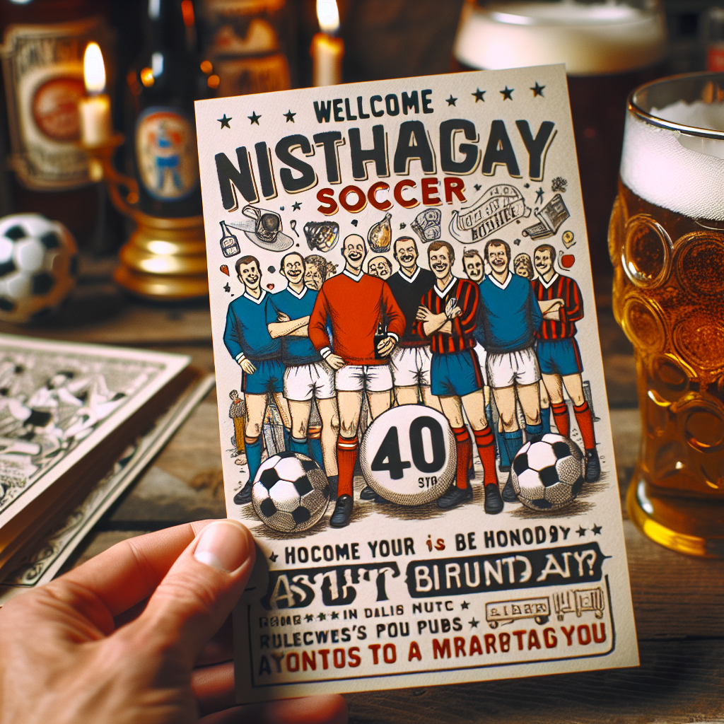 Craft an image of an invitation card welcoming guests to a 40th birthday celebration filled with humor and spirit. The theme of the event is nostalgic soccer and is to be held in a quaint pub. Visualization includes guests dressed in vintage soccer jerseys, surrounded by a decor of amusing cartoon drawings. The atmosphere is vibrant with the sound of beer glasses clinking, echoes of hearty laughter, and rhythmic pulses of live music, encapsulating the essence of camaraderie and celebration of another remarkable year.
Generated with these themes: invitation 40 birthday party friends pub with retro soccer shirts and beer live music.
Made with ❤️ by AI.