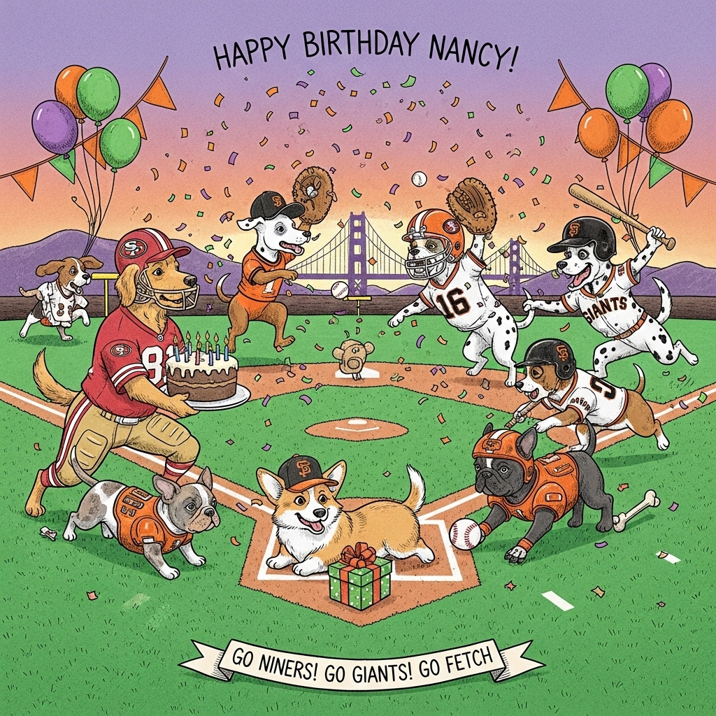 San Francisco Giants, San Francisco 49ers, Green, Purple, Orange, Dogs, and Birthday Card